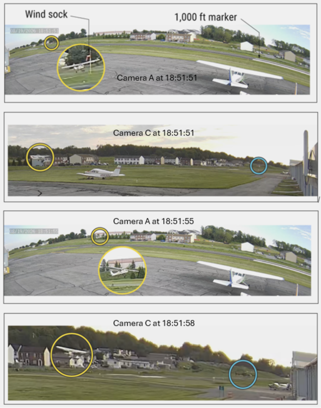 Four still video images from cameras A and C showing the airplane and helicopter as they maneuvered in the vicinity of the runway.