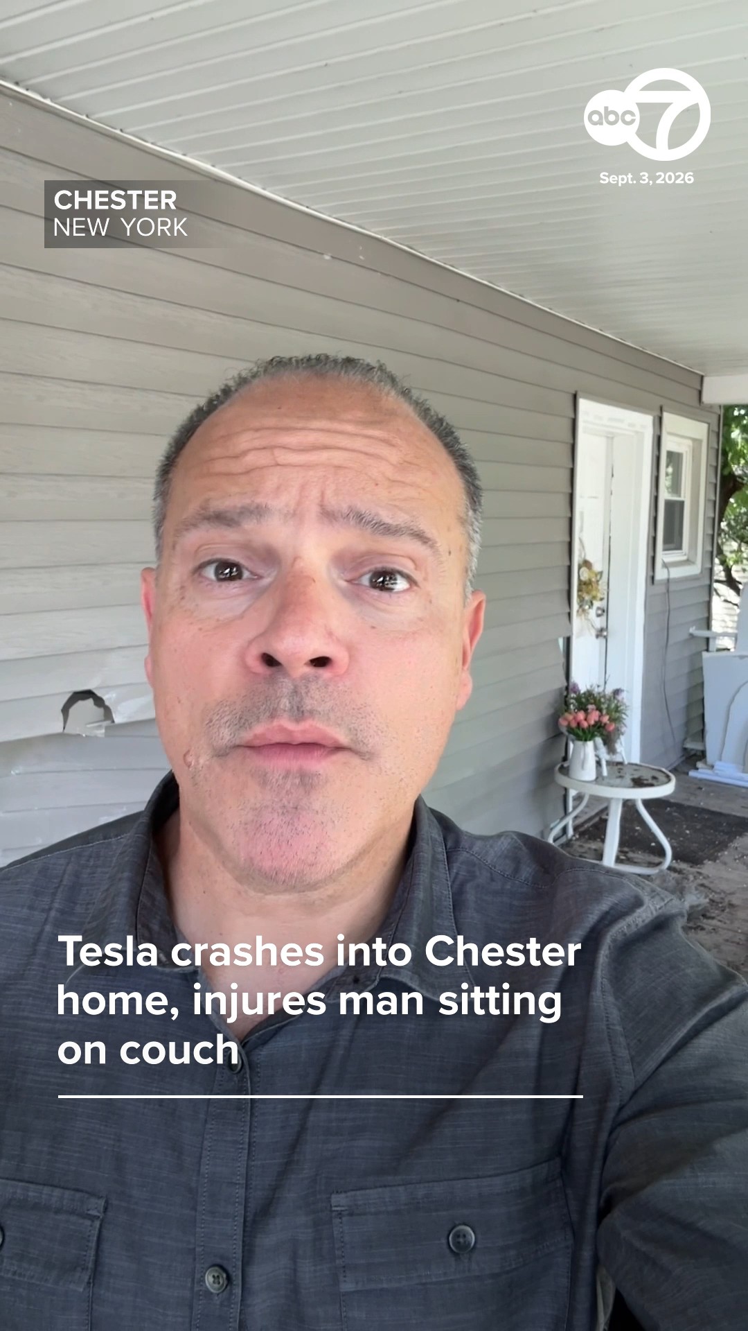 Tesla crashes into Chester home, injures man sitting on couch