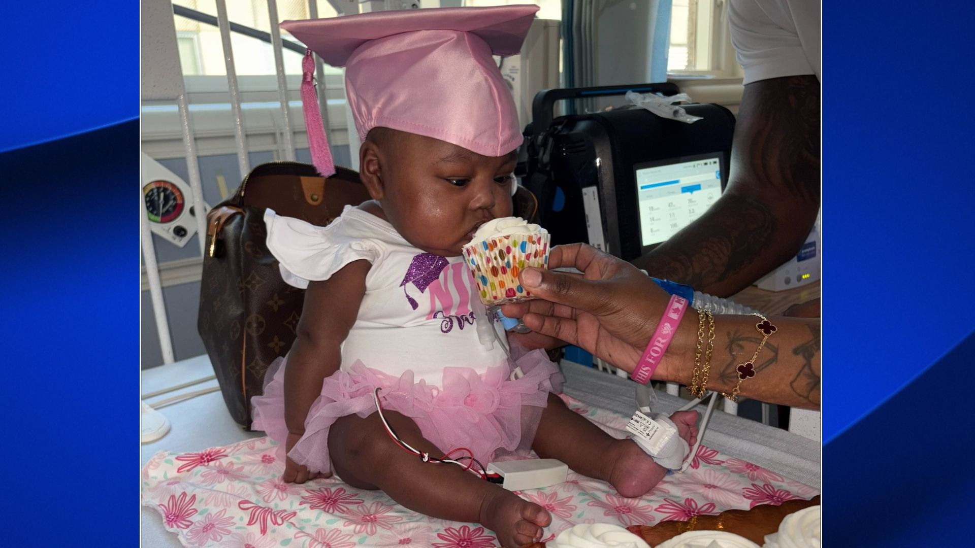 Baby Janouri eating a cupcake.