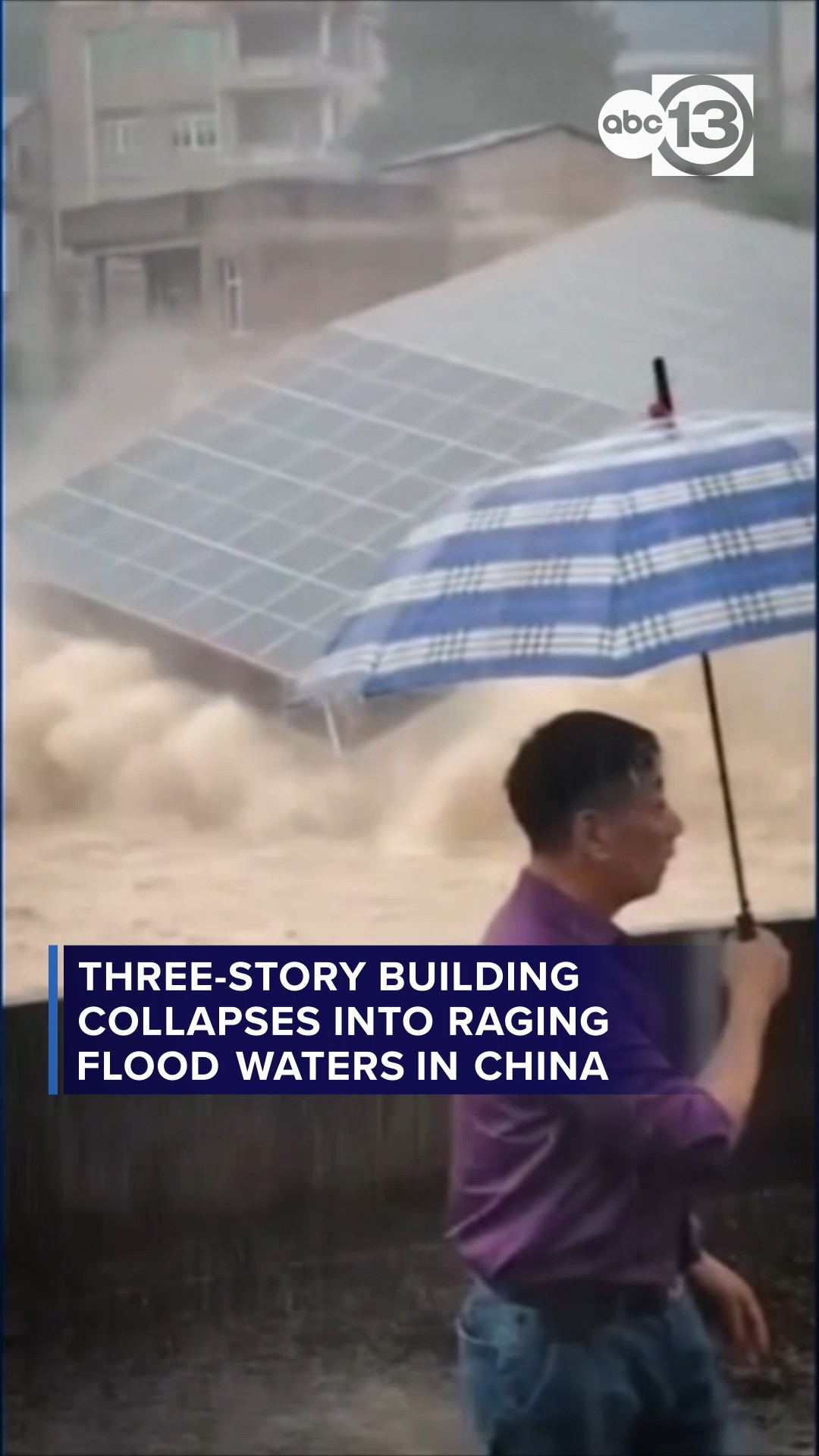Three-story building collapses into raging flood waters in China