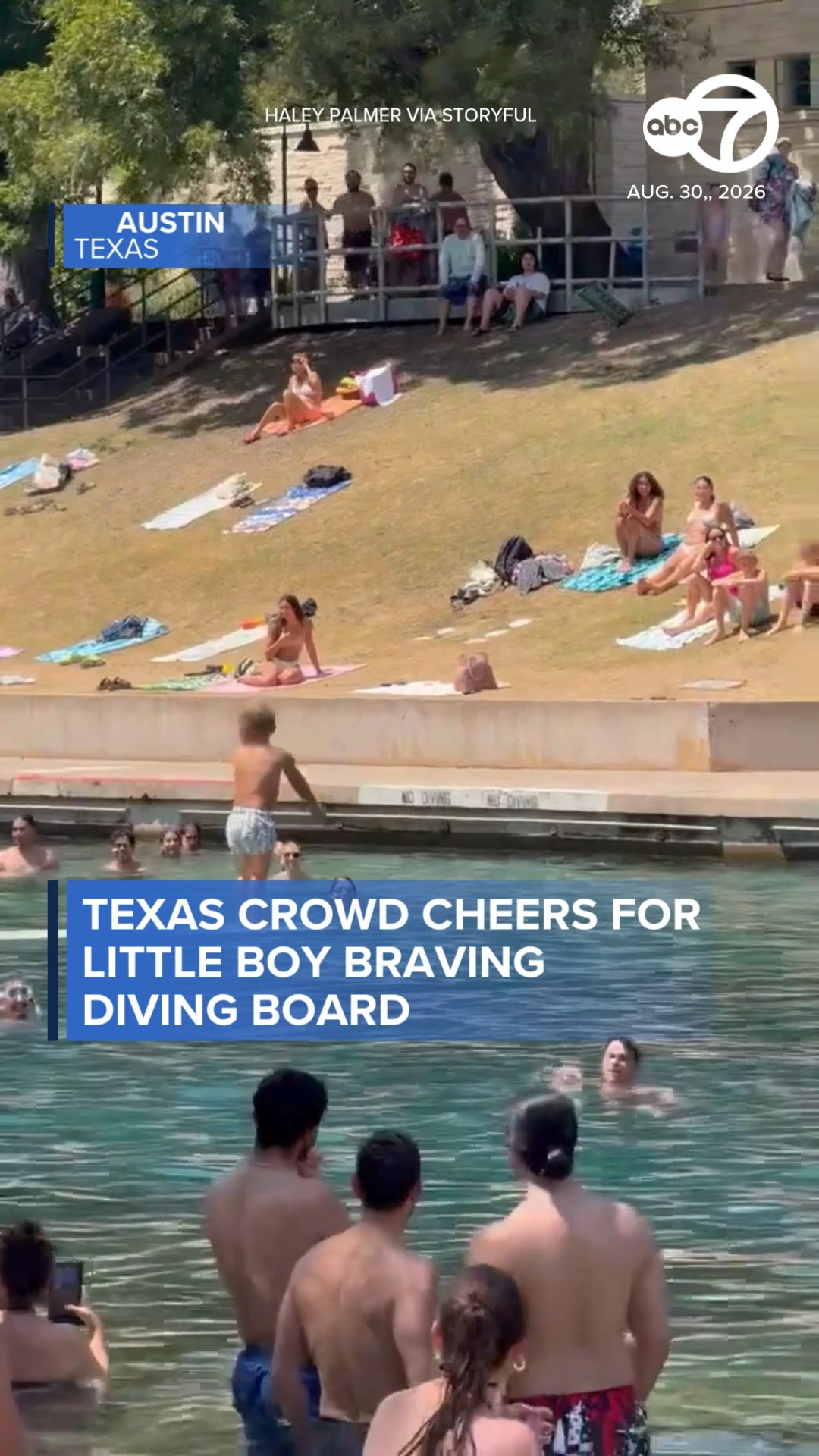 Texas crowd cheers for little boy braving diving board