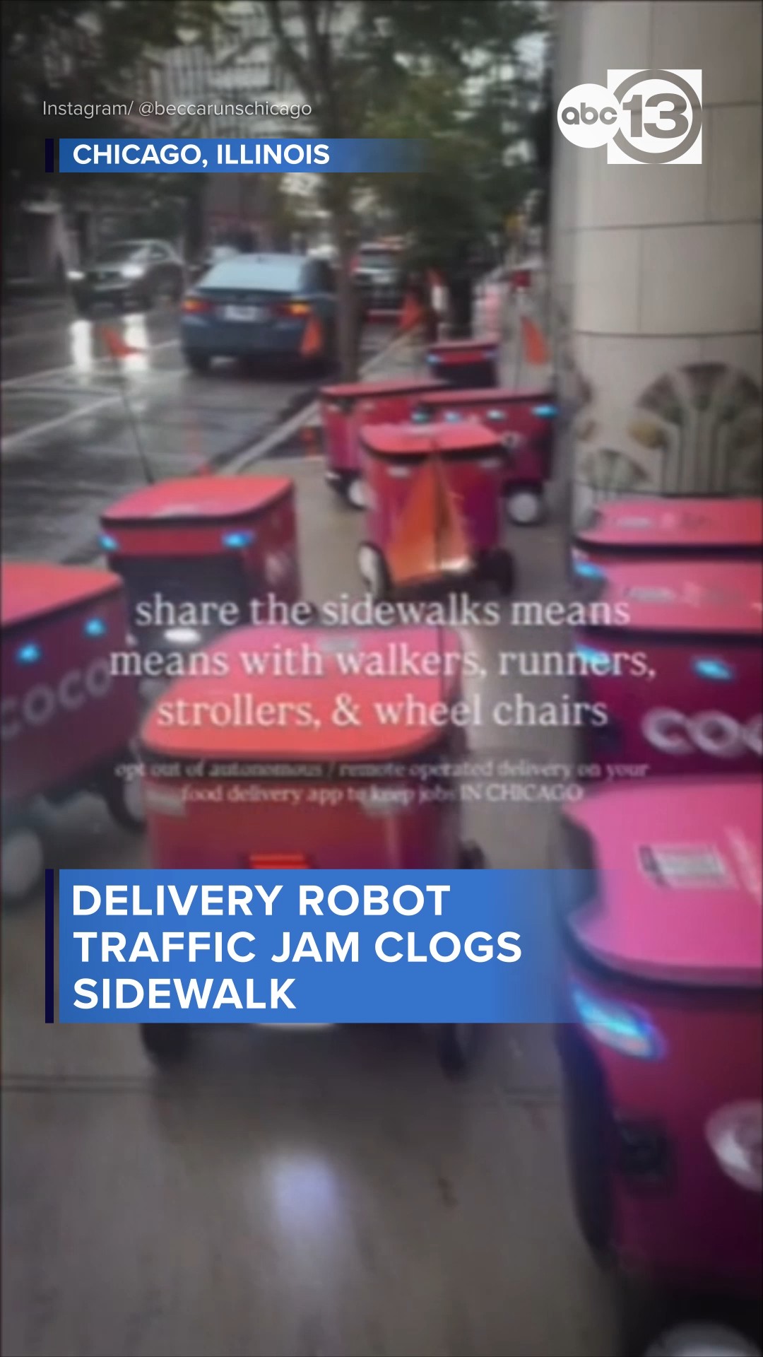 Delivery robot traffic jam clogs sidewalk