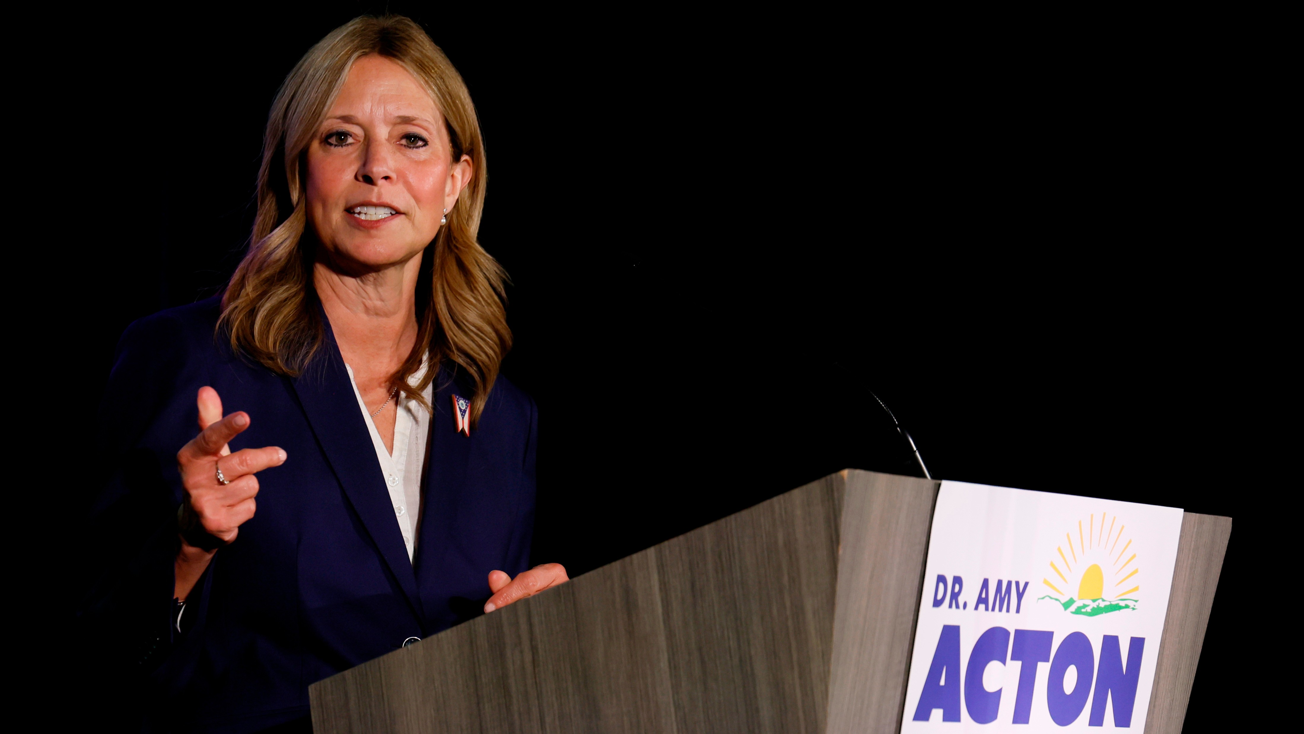 Democratic gubernatorial candidate Dr. Amy Acton speaks at a primary election campaign event after winning the party's nomination for governor on May 5, 2026, in Columbus, Ohio.