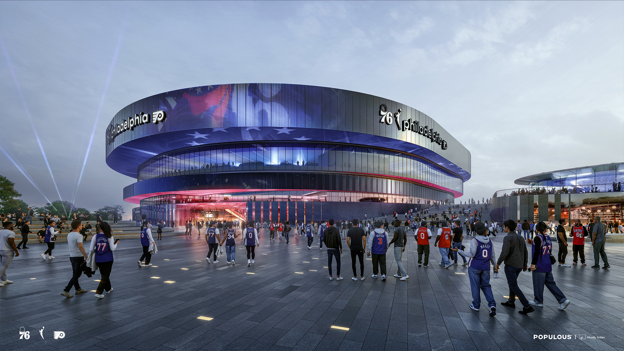 The Philadelphia 76ers and Philadelphia Flyers today unveiled the first exterior renderings of the proposed new arena