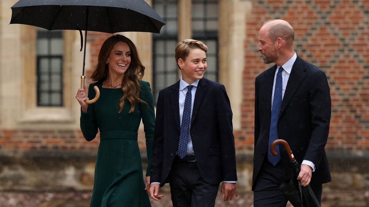 Britain's Kate, Princess of Wales, left, and Britain's Prince William walk with their 13-year-old son, Britain's Prince George, as he arrives for his first day at Eton College, in Eton, west of London, Tuesday, Sept. 8, 2026. 