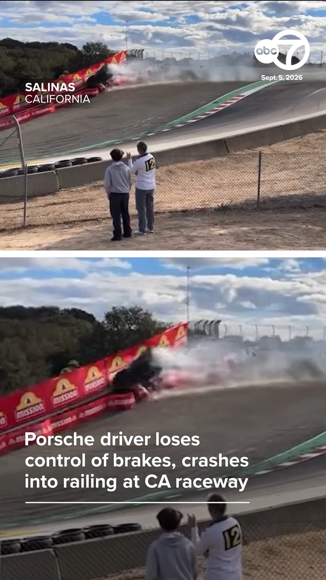 Porshe driver loses control of brakes, crashes into railing at raceway