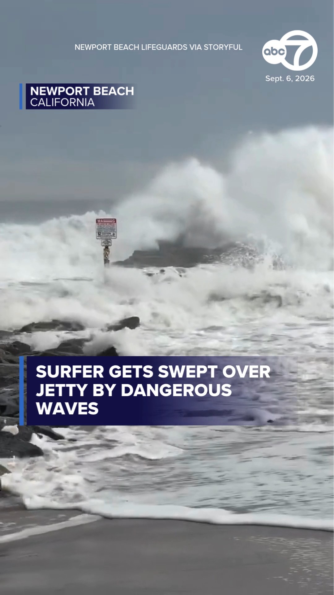 Surfer gets swept over jetty by dangerous waves
