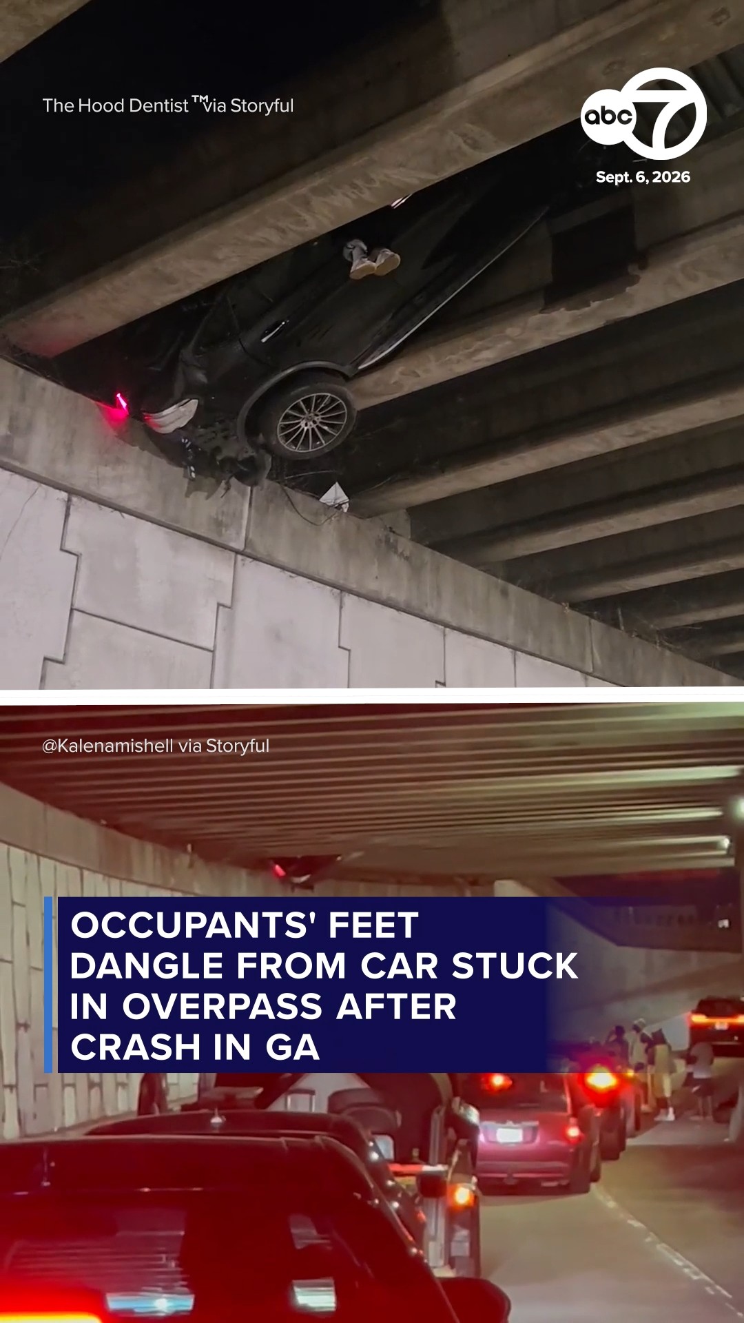 Occupants' feet dangle from car stuck in overpass after crash in GA