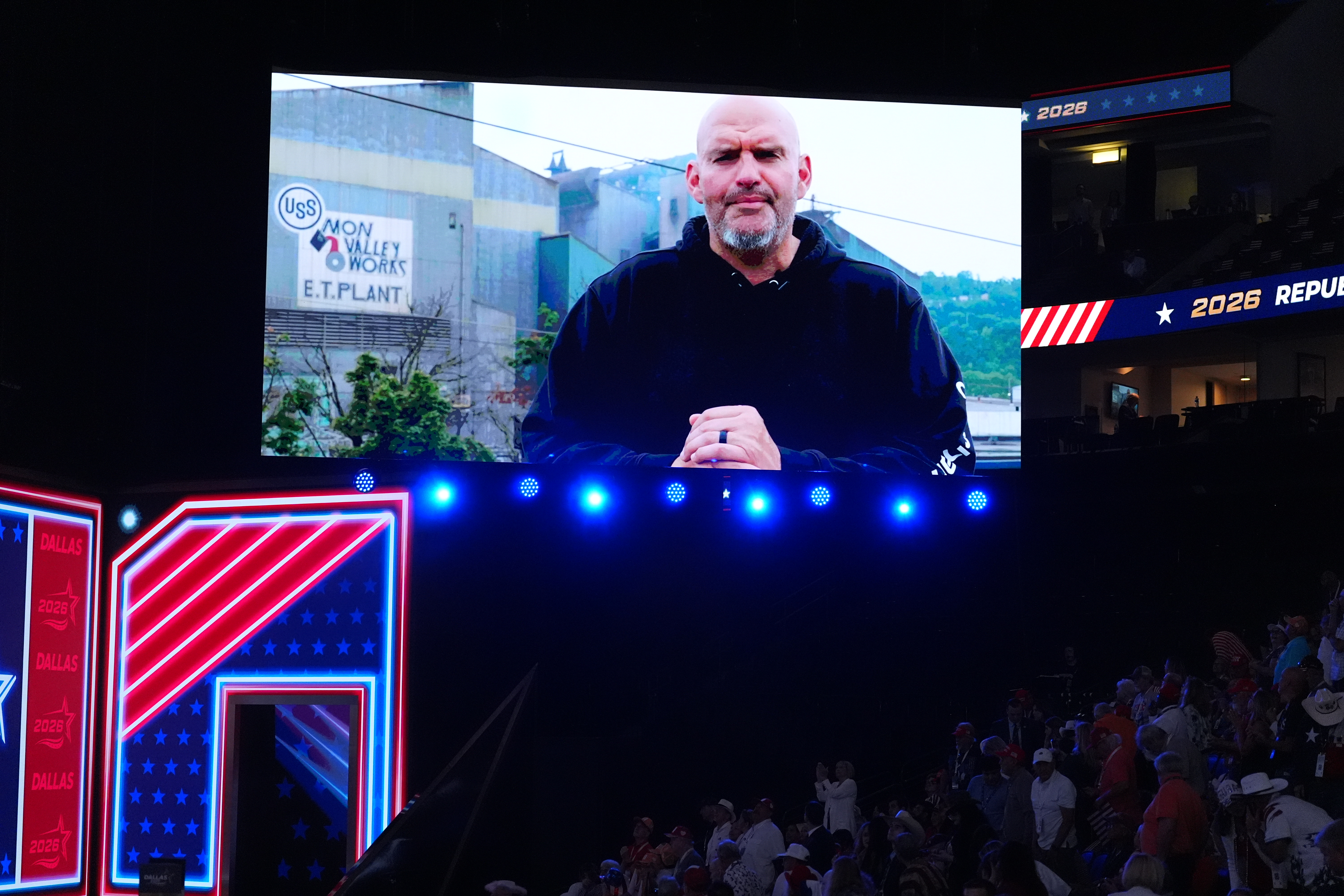 A video featuring Sen. John Fetterman, D-Pa., plays at the Republican convention Wednesday, Sept. 9, 2026, in Dallas.