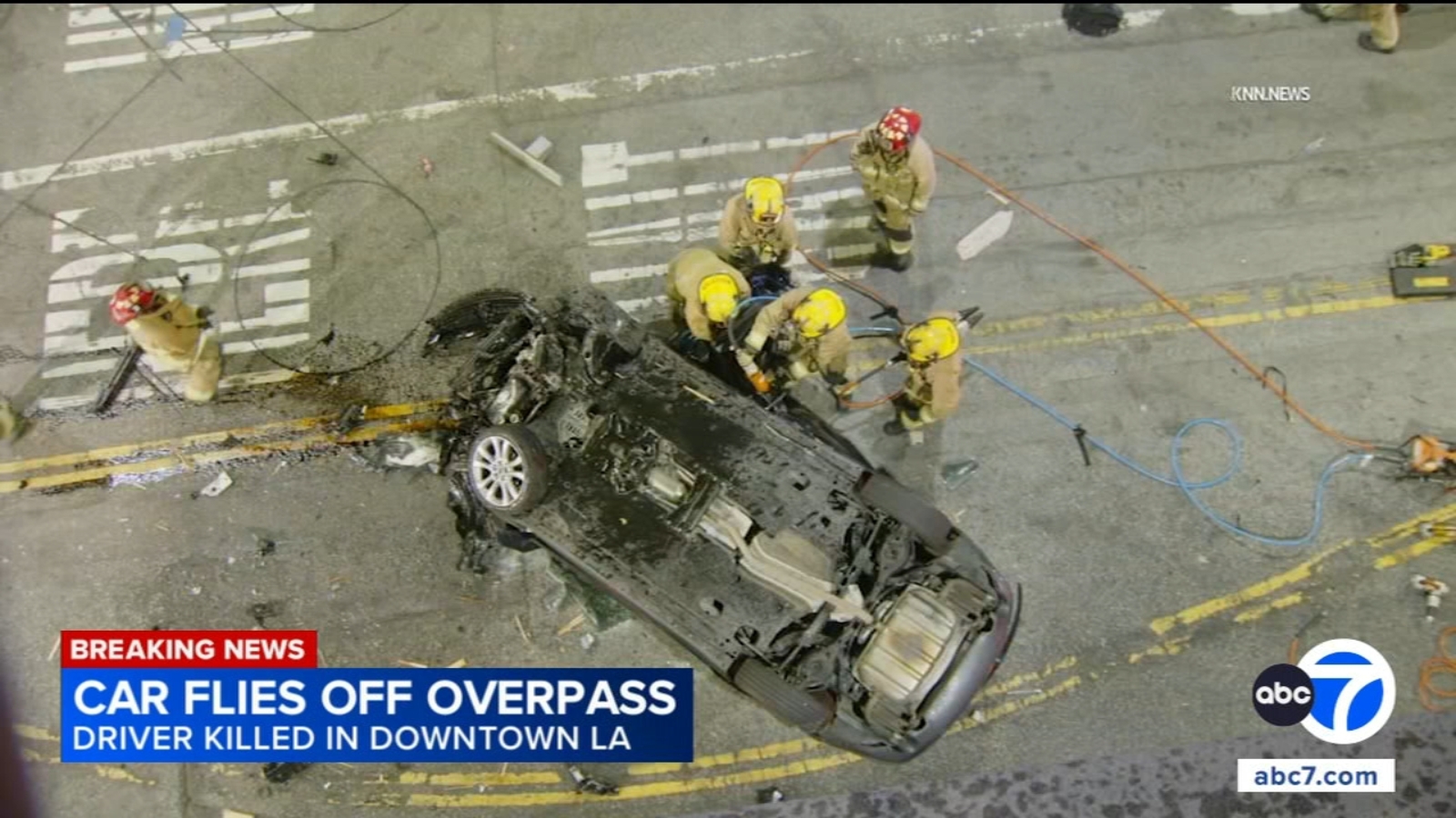 Car flies off overpass, lands upside down in deadly downtown LA crash