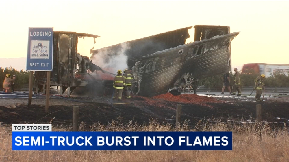 Semi-truck carrying carrots bursts into flames on Highway 99, CHP says 