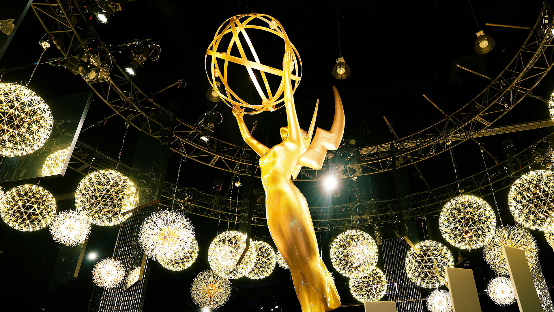 A view of the Emmy statue is seen during the 77th Primetime Emmys Press Preview at Peacock Theater on September 11, 2025 in Los Angeles, California.