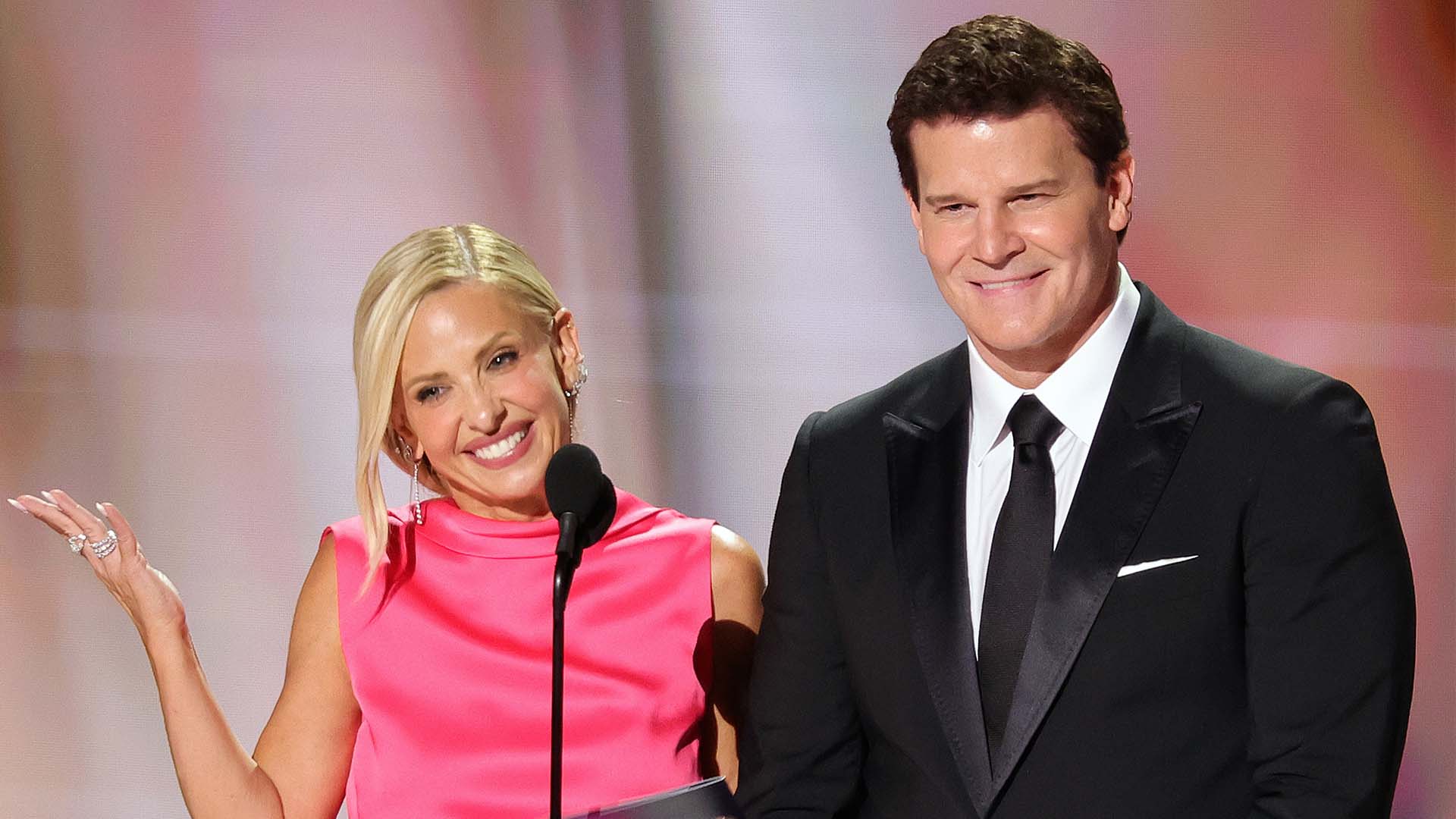 Sarah Michelle Gellar and David Boreanaz speak onstage during the 78th Primetime Emmy Awards on September 14, 2026 in Los Angeles.