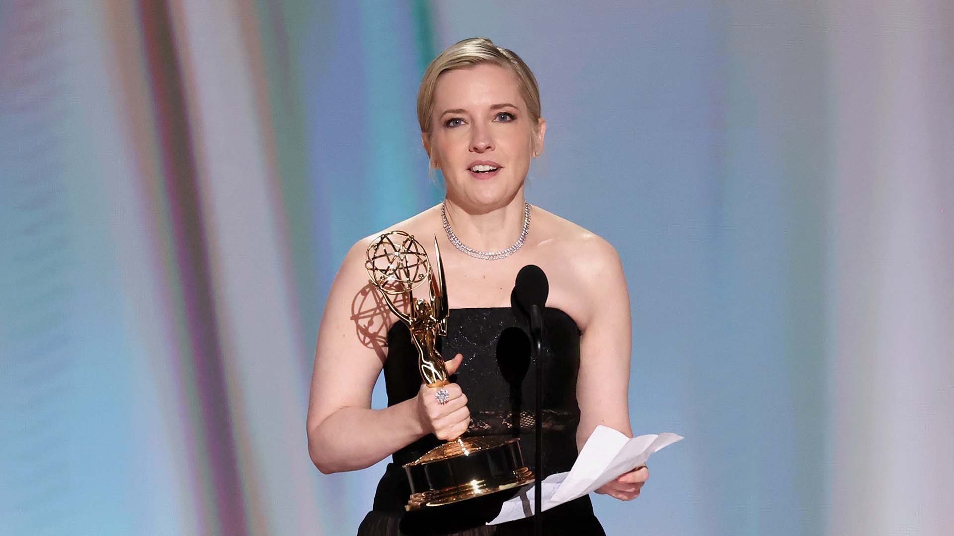 Katie Dippold accepts the Outstanding Writing for a Comedy Series Award for "Widow's Bay" on stage during the 78th Primetime Emmy Awards held on Sept. 14, 2026.
