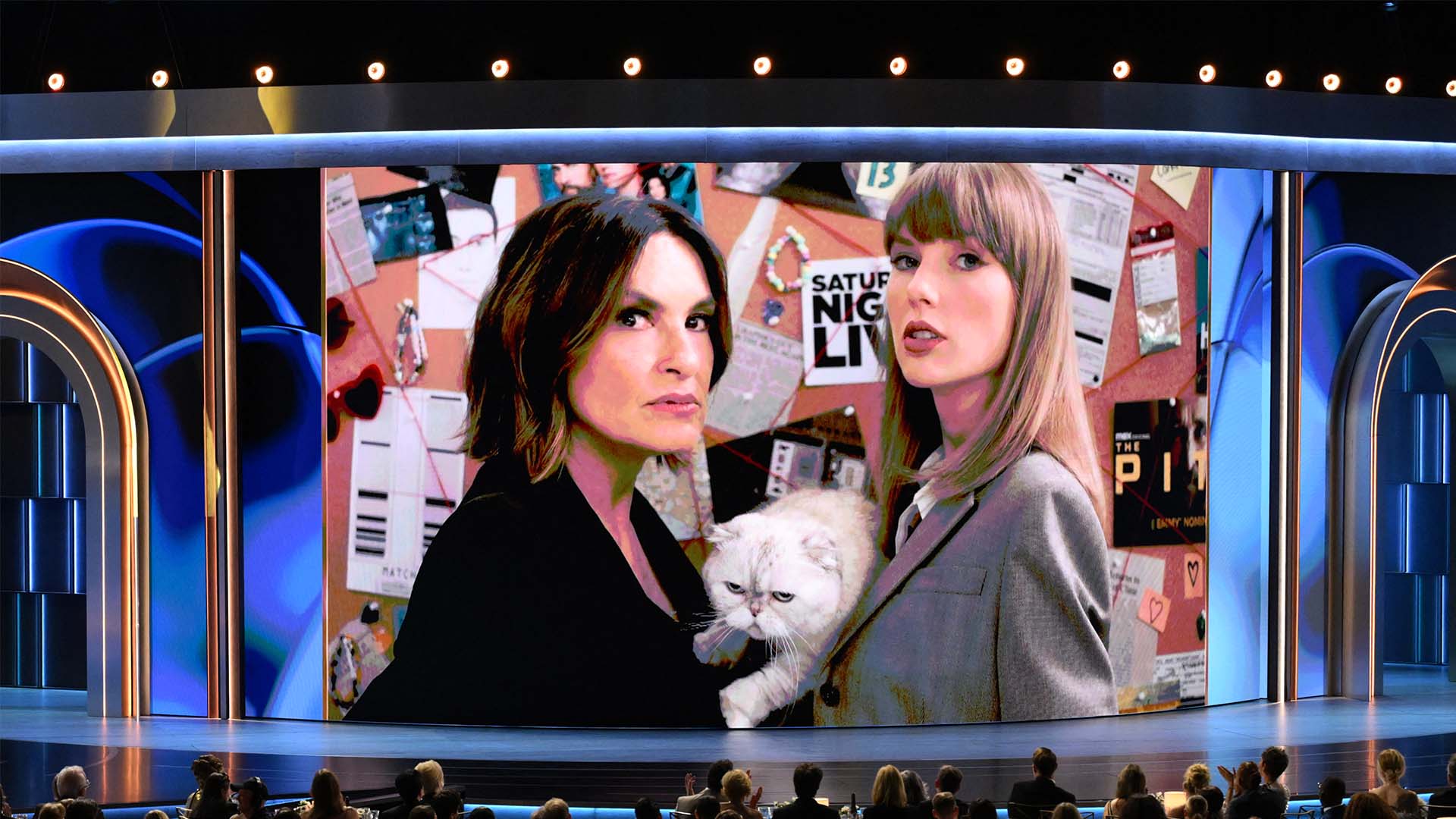 Mariska Hargitay and Taylor Swift and her cat Olivia Benson appear on screen during the 78th Primetime Emmy Awards in Los Angeles on Sept. 14, 2026.