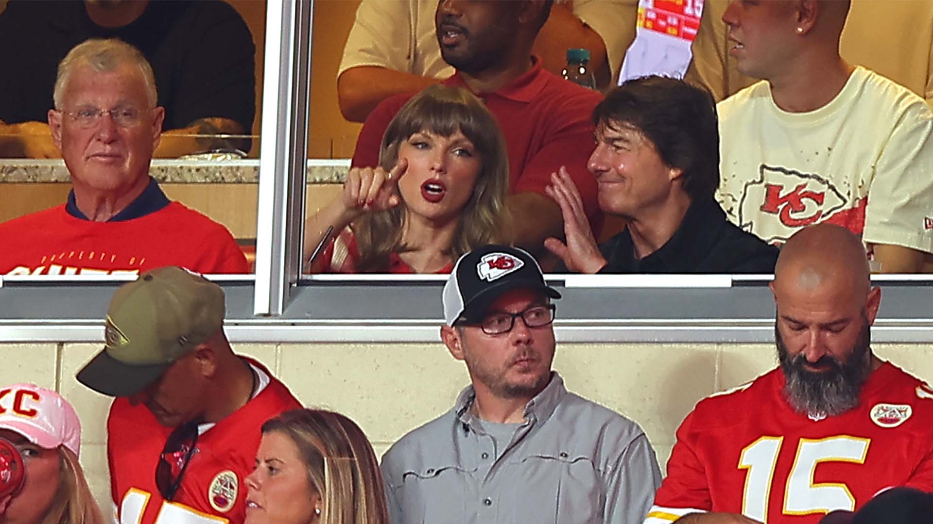 Taylor Swift and actor Tom Cruise attend the game between the Kansas City Chiefs and the Denver Broncos at Arrowhead Stadium on September 14, 2026 in Kansas City, Missouri.