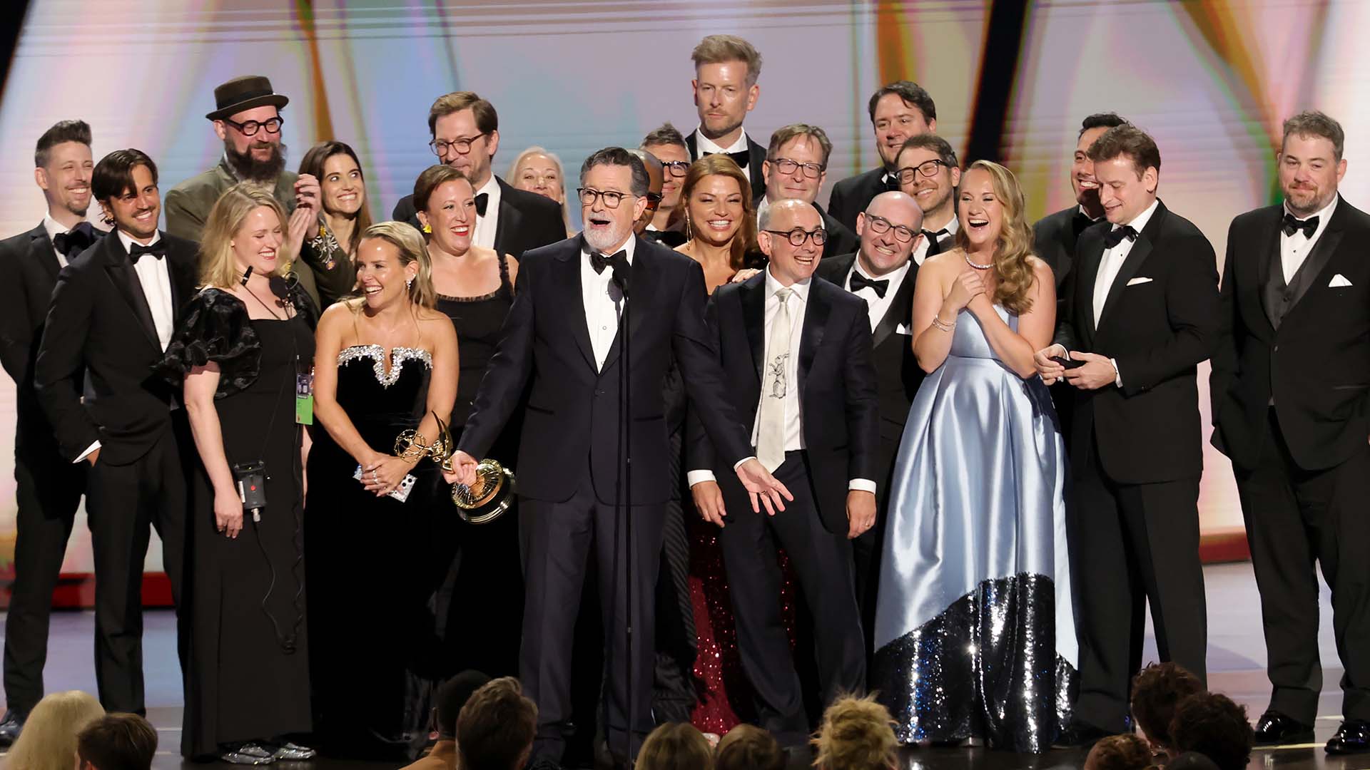 Stephen Colbert and crew accept the Outstanding Variety Series Award for "The Late Show With Stephen Colbert" during the Emmy Awards on Sept. 14, 2026 in Los Angeles.