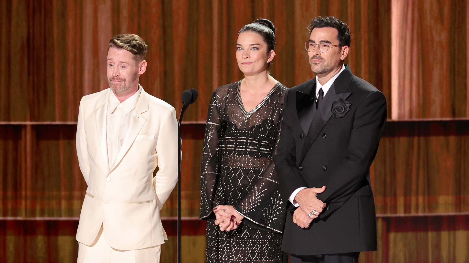 (L-R) Macaulay Culkin, Annie Murphy, and Dan Levy speak onstage during the 78th Primetime Emmy Awards on September 14, 2026 in Los Angeles.