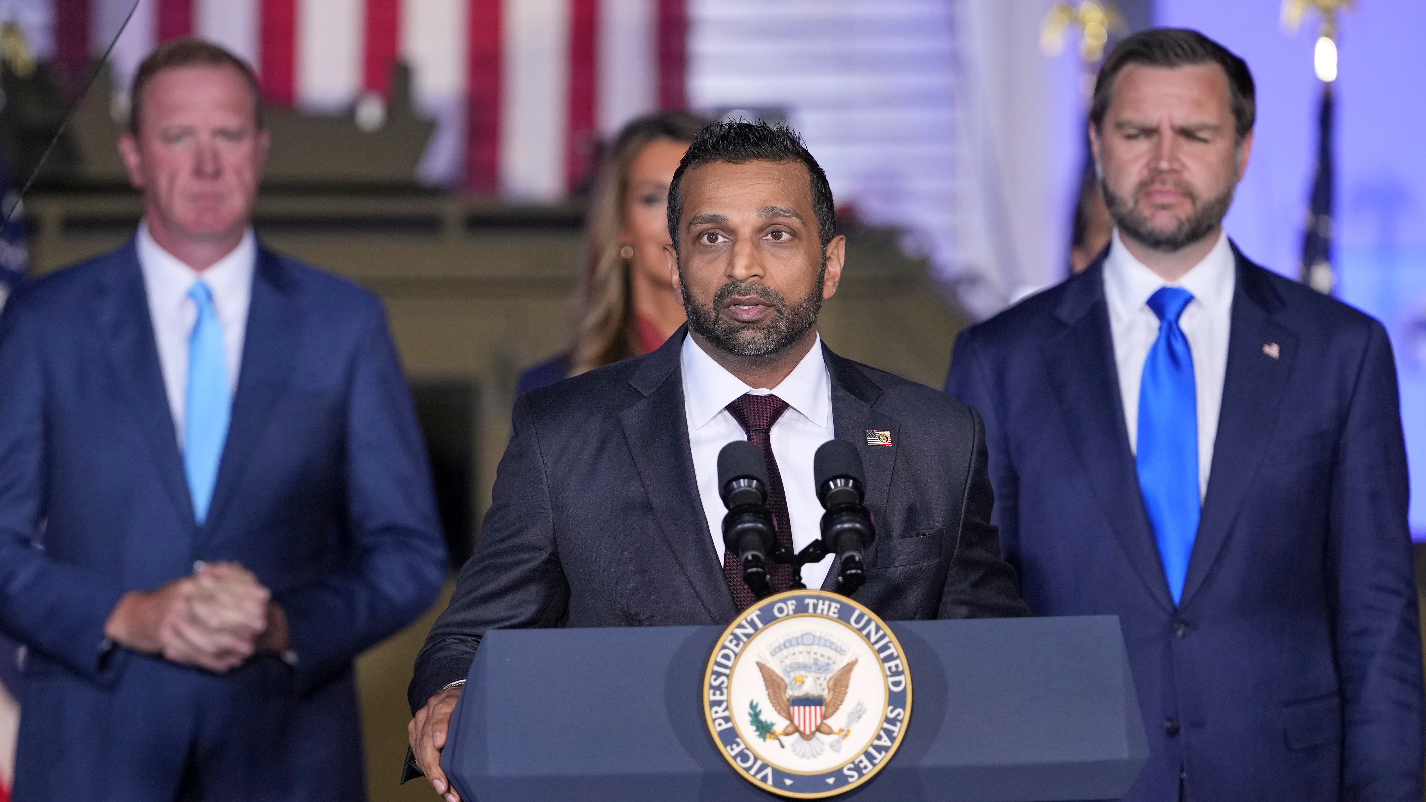 FBI Director Kash Patel speaks as Sen. Eric Schmitt, R-Mo., left and Vice President JD Vance listen during an event at the FBI Field Office in Kansas City, Mo., Monday, Sept. 14, 2026.