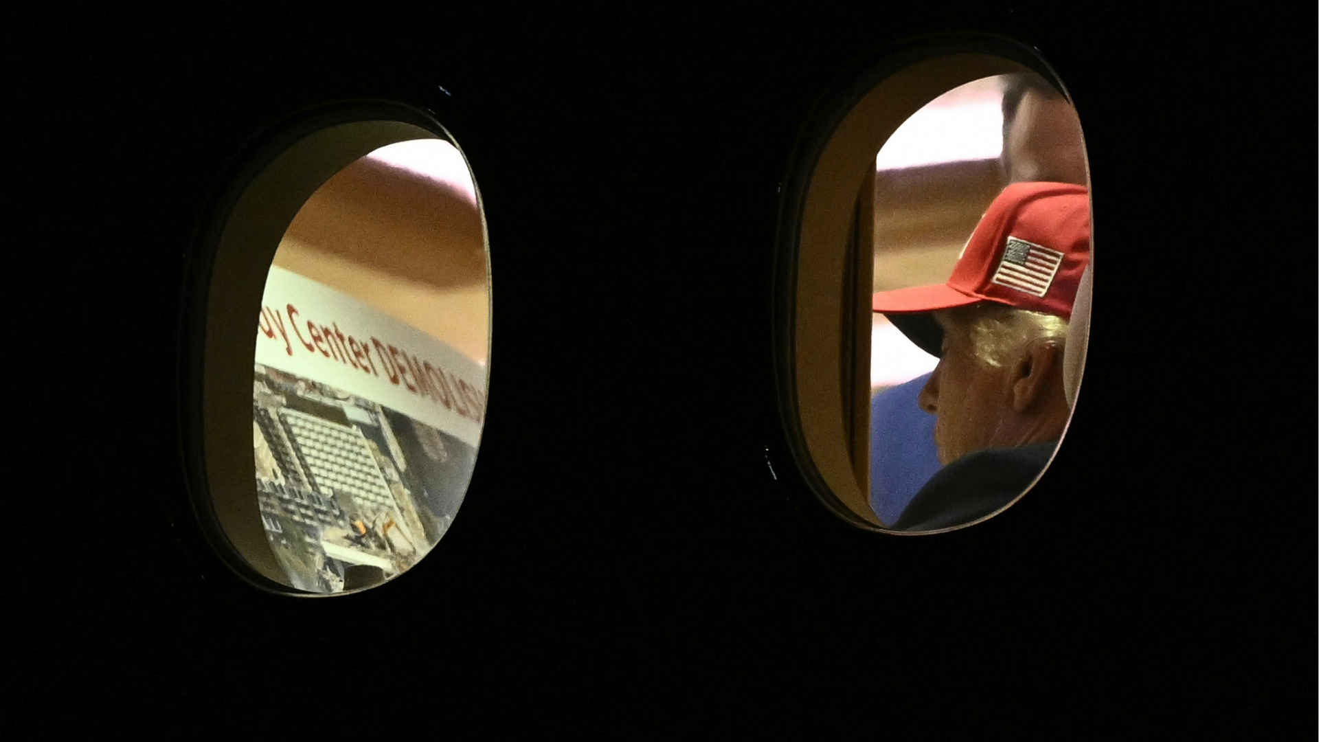 US President Donald Trump is seen aboard Air Force One checking a Kennedy Center large printout after landing at Joint Base Andrews, Maryland on September 16, 2026.