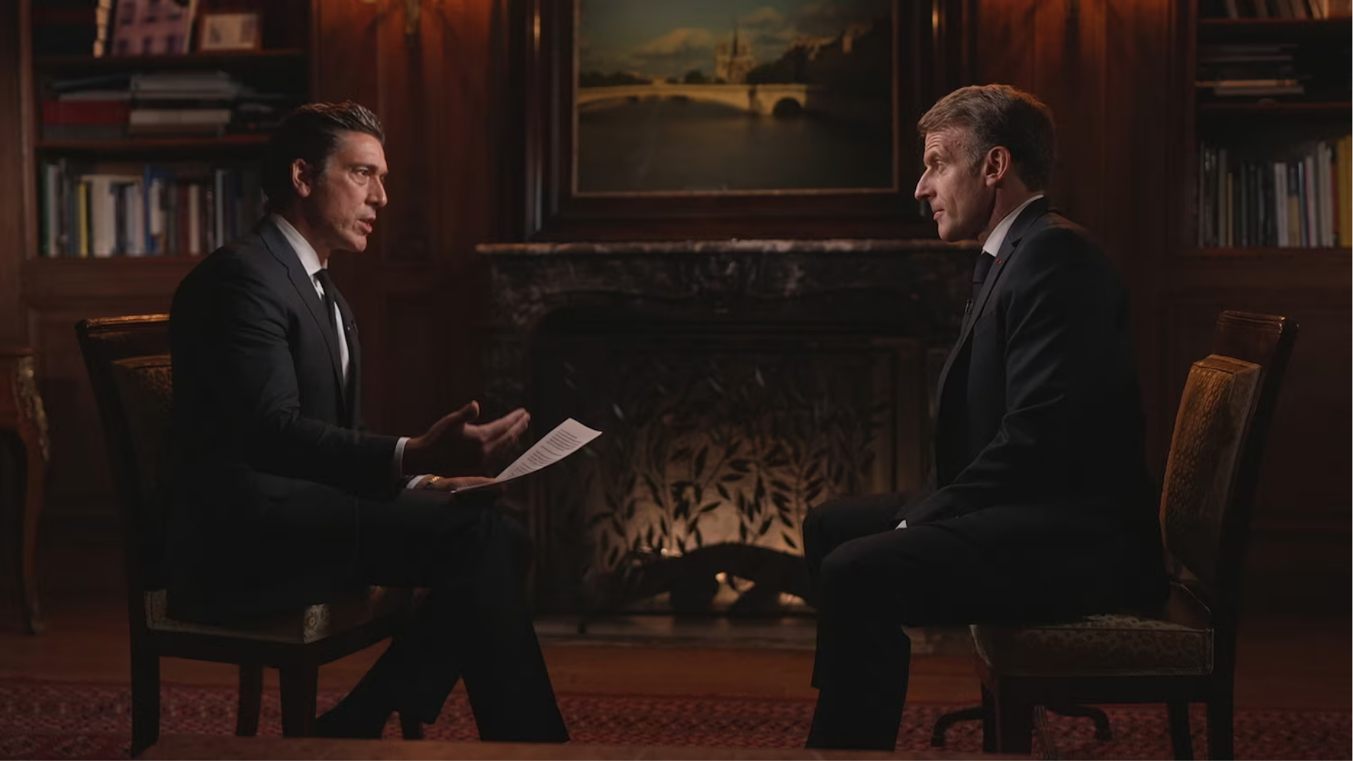 French President Emmanuel Macron speaks with David Muir, anchor for ABC World News Tonight in New York City.