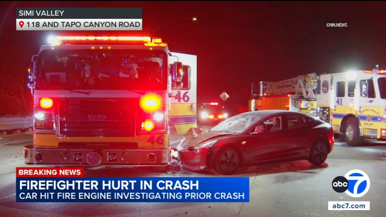 Firefighter hurt after driver blows through freeway blockade, slams into fire engine in Simi Valley