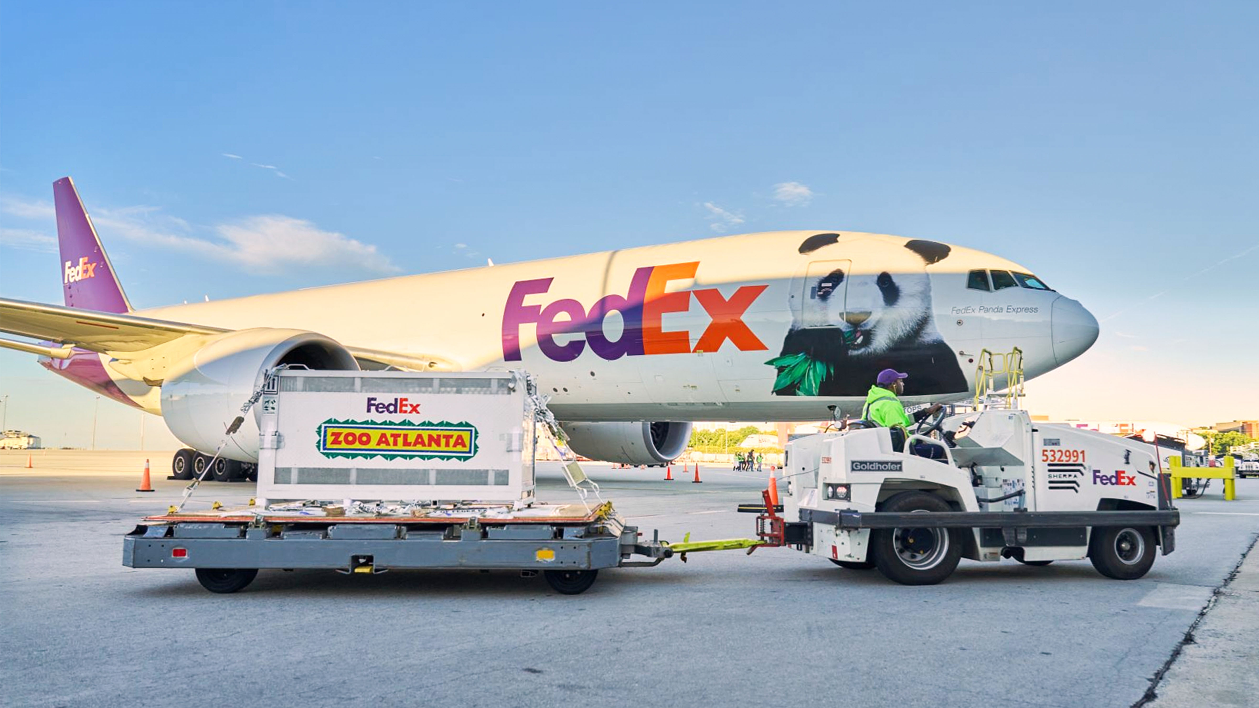 In this photo provided by FedEx, the "FedEx Panda Express" Boeing 777 aircraft arrives at Hartsfield-Jackson International Airport in Atlanta on Sunday, Sept. 27, 2026.