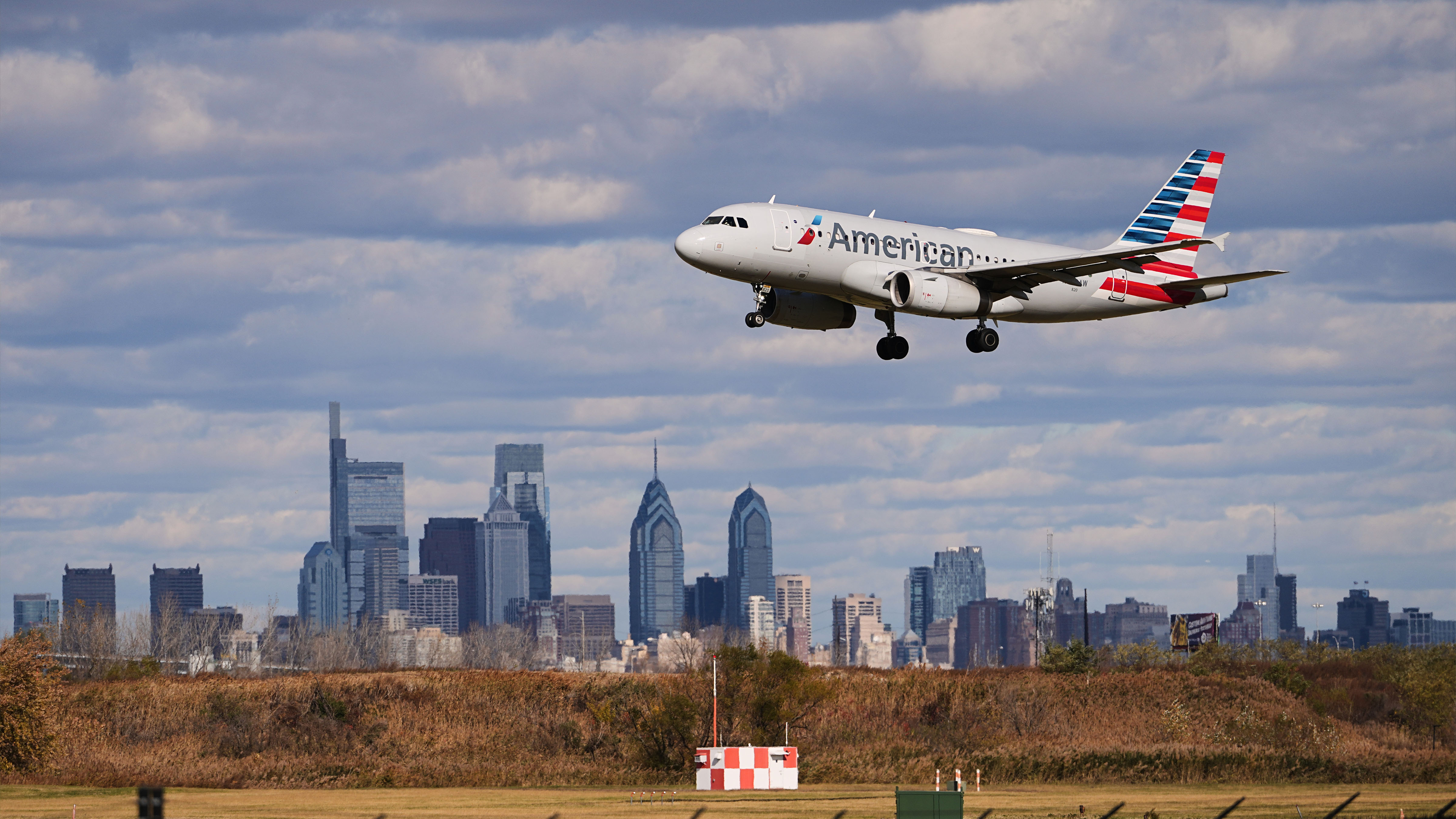 An aircraft lands at Philadelphia International Airport in Philadelphia, Nov. 6, 2025.