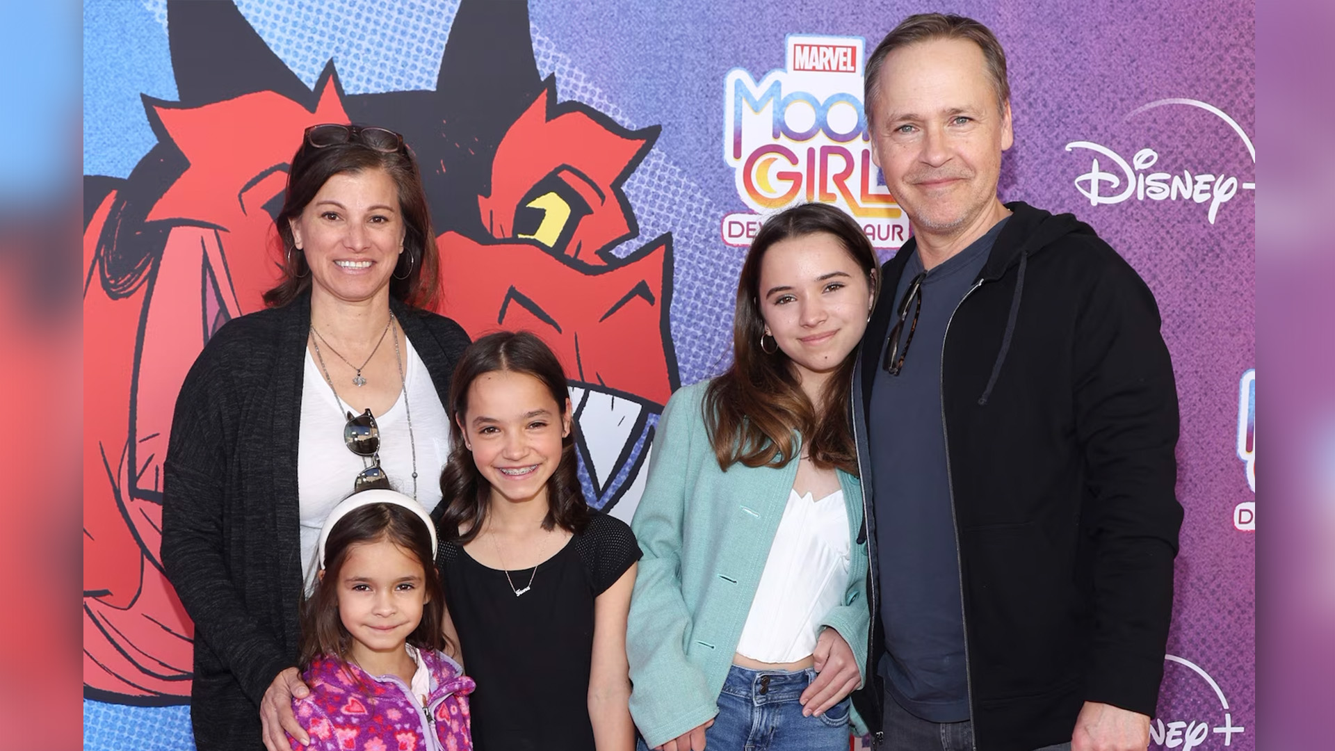 Chad Lowe, Kim Painter, Nixie Lowe, Fiona Lowe and Mabel Lowe attend an event for "Moon Girl And Devil Dinosaur" at Walt Disney Studios, Feb. 4, 2023 in Burbank, Calif.