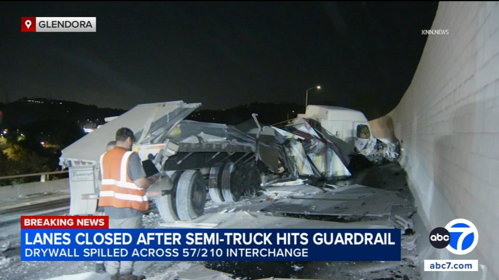 Semi-truck crash spills drywall across 57 Freeway connector to 210 in Glendora