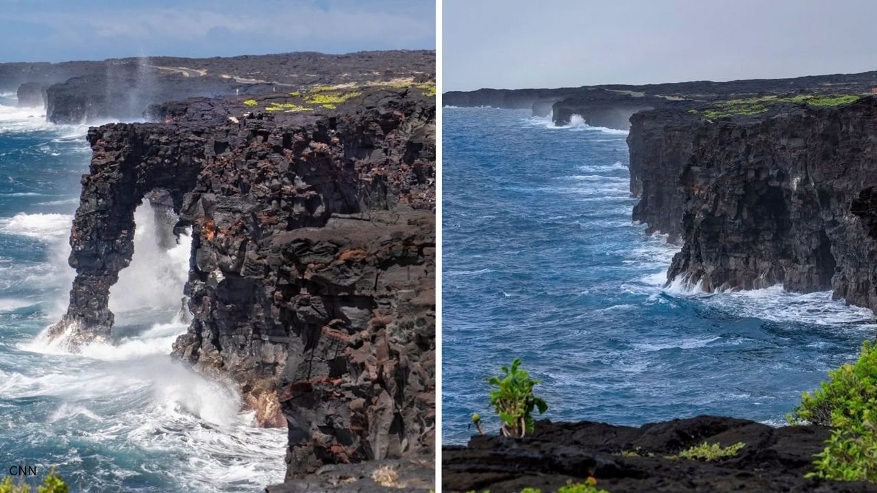 Hawaii's famed Hōlei Sea Arch before and after collapse