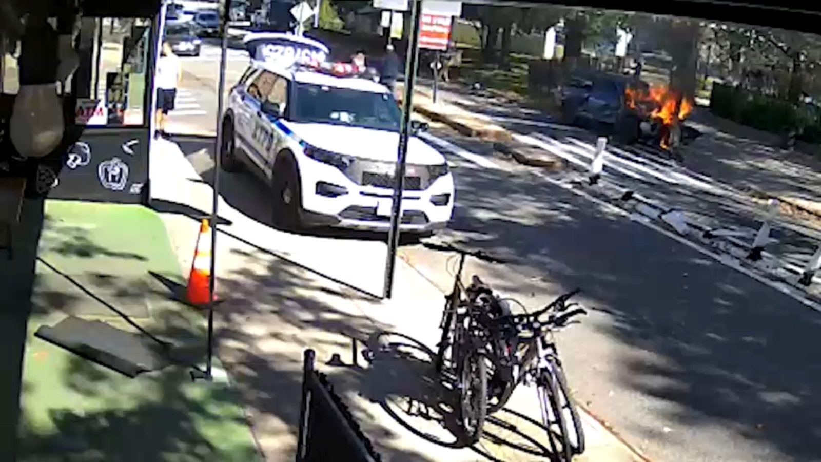 Police: Stolen car catches on fire after driver crashes into pole near Brooklyn playground