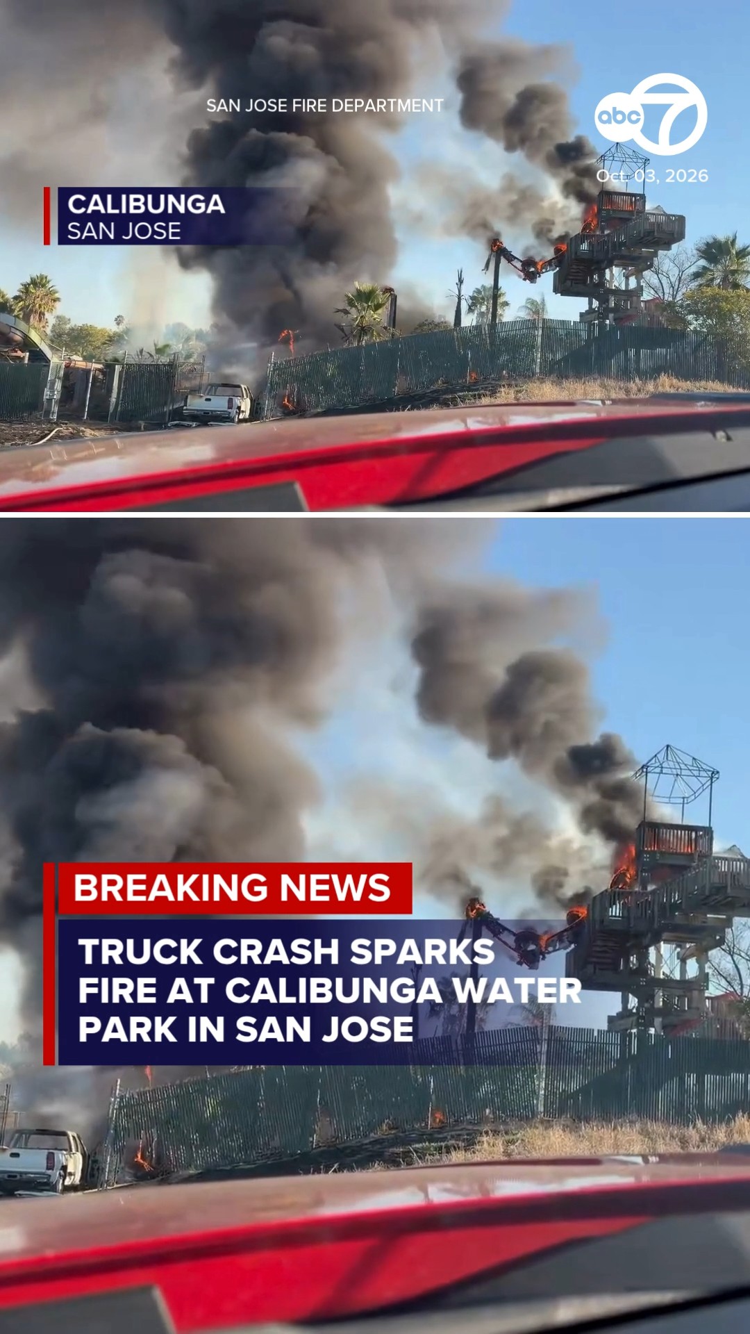 Truck crash sparks fire at CaliBunga Water Park in San Jose