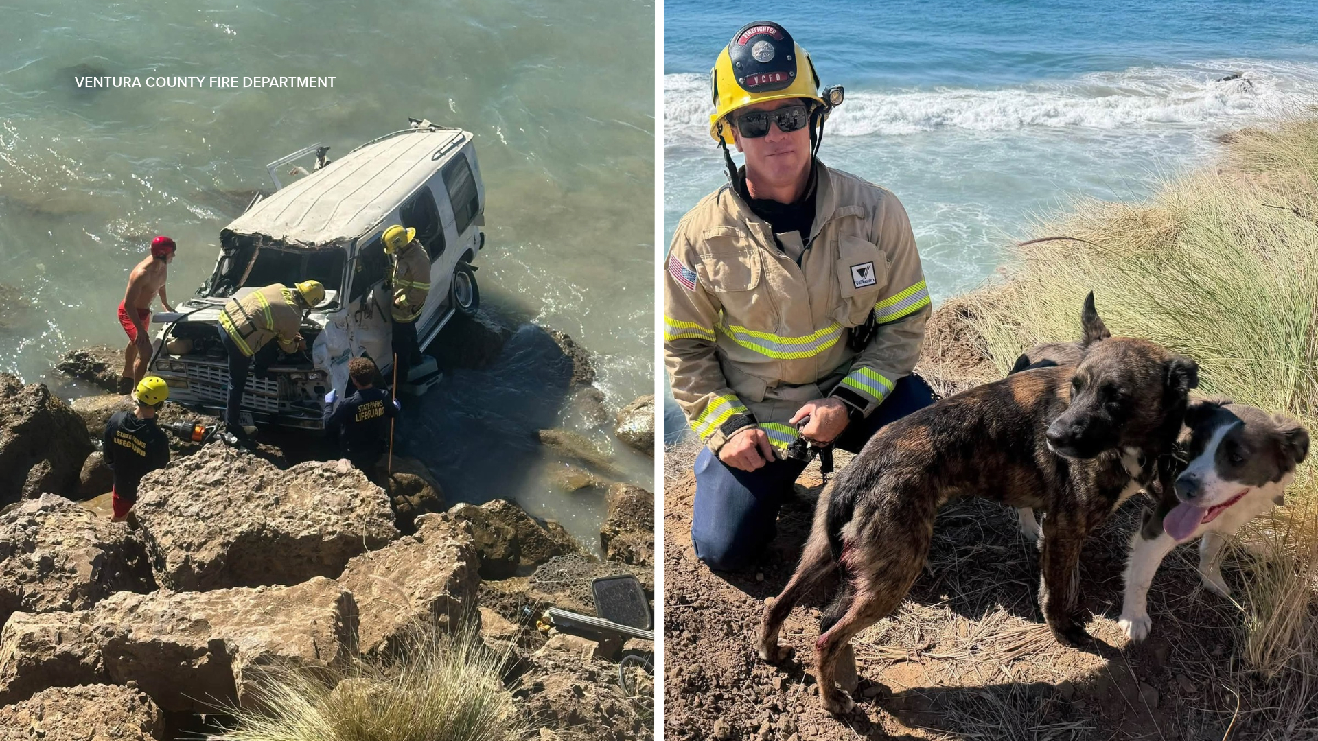Driver and Two Dogs Rescued After Van Crashes into Rocky Shore Near Malibu