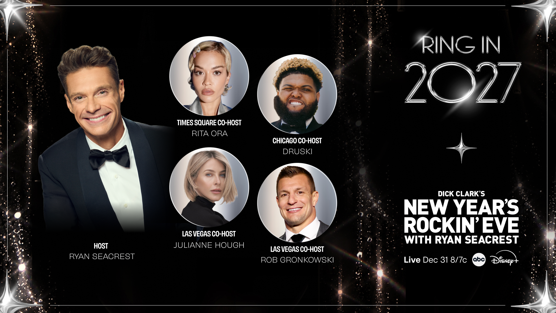 Host announcement key art for "Dick Clark's New Year's Rockin' Eve with Ryan Seacrest 2027"