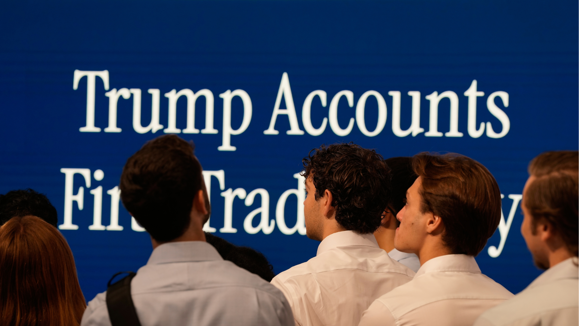 A screen displays information about Trump Accounts on the floor at the New York Stock Exchange in New York, Monday, July 6, 2026. 