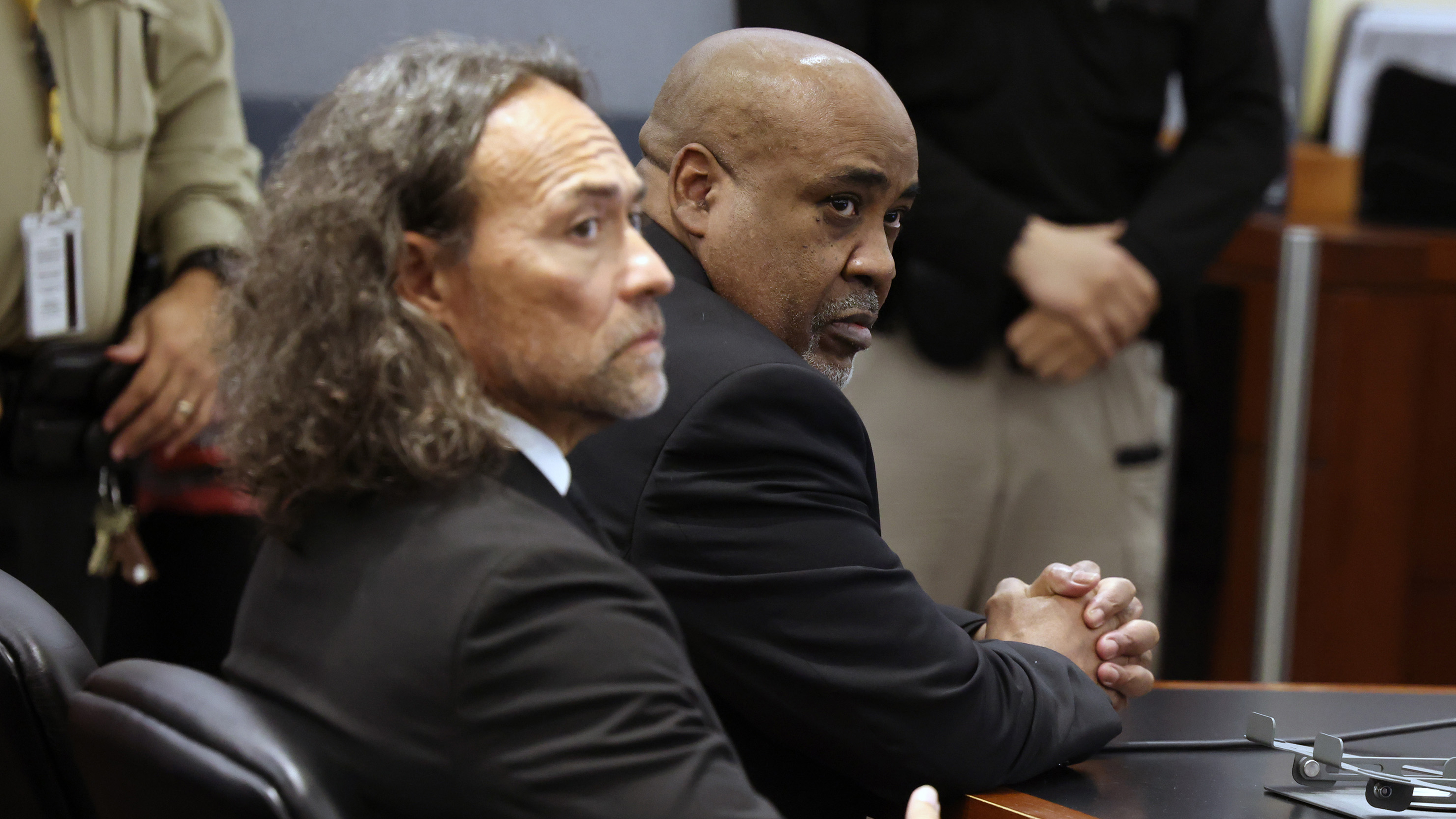Duane Davis, right, and his attorney Michael Sanft sit in a courtroom at Clark County District Court Regional Justice Center on Aug. 31, 2026, in Las Vegas.