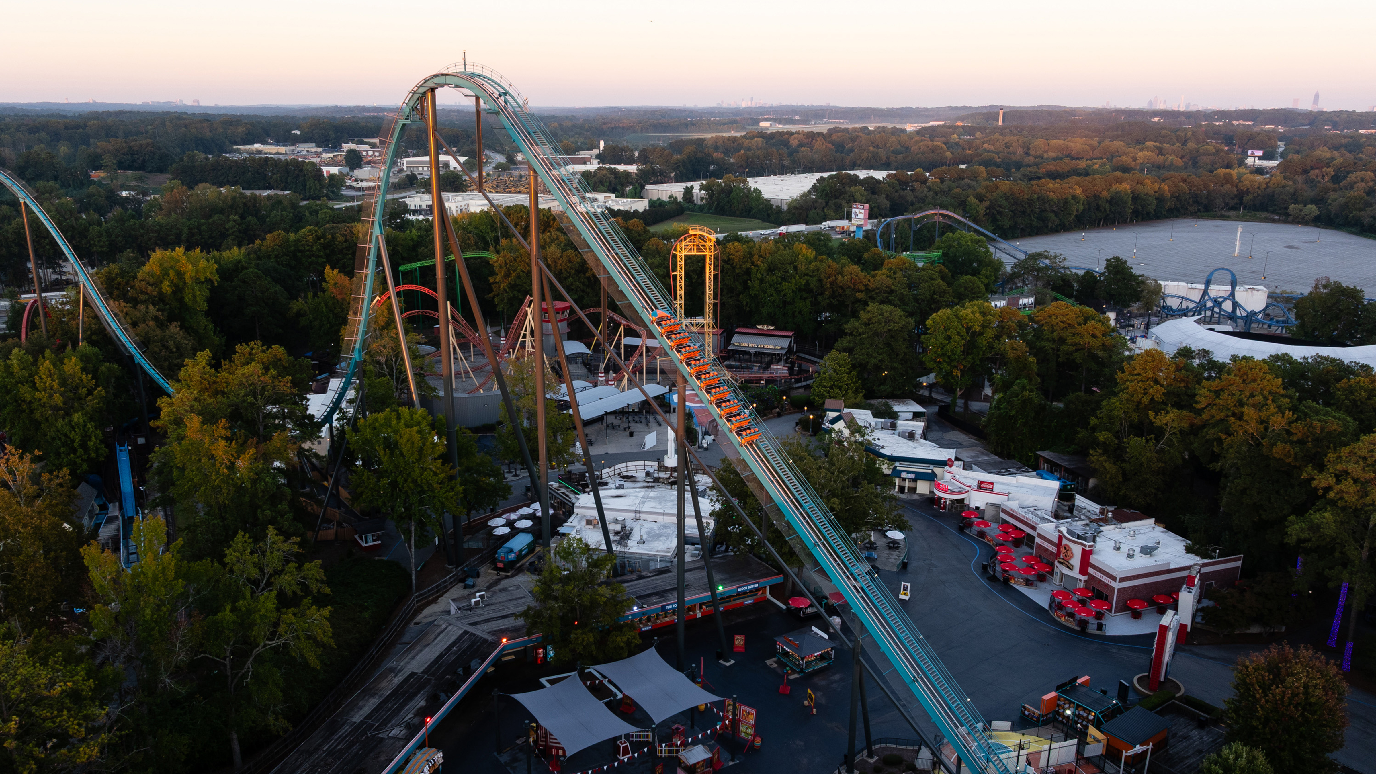In this aerial view, The train of the Goliath roller coaster is seen on the track where it was evacuated at Six Flags over Georgia on October 14, 2026 in Austell, Georgia.