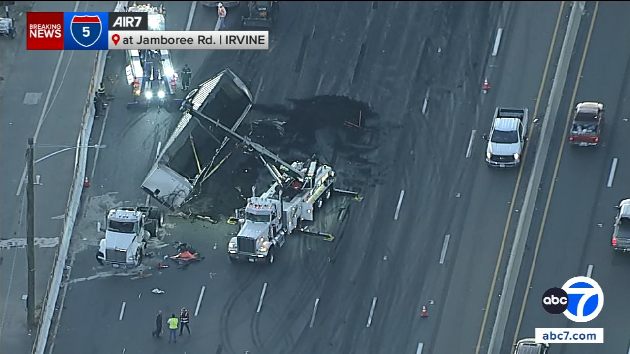 Overturned semi shuts down most northbound lanes of 5 Freeway in Irvine