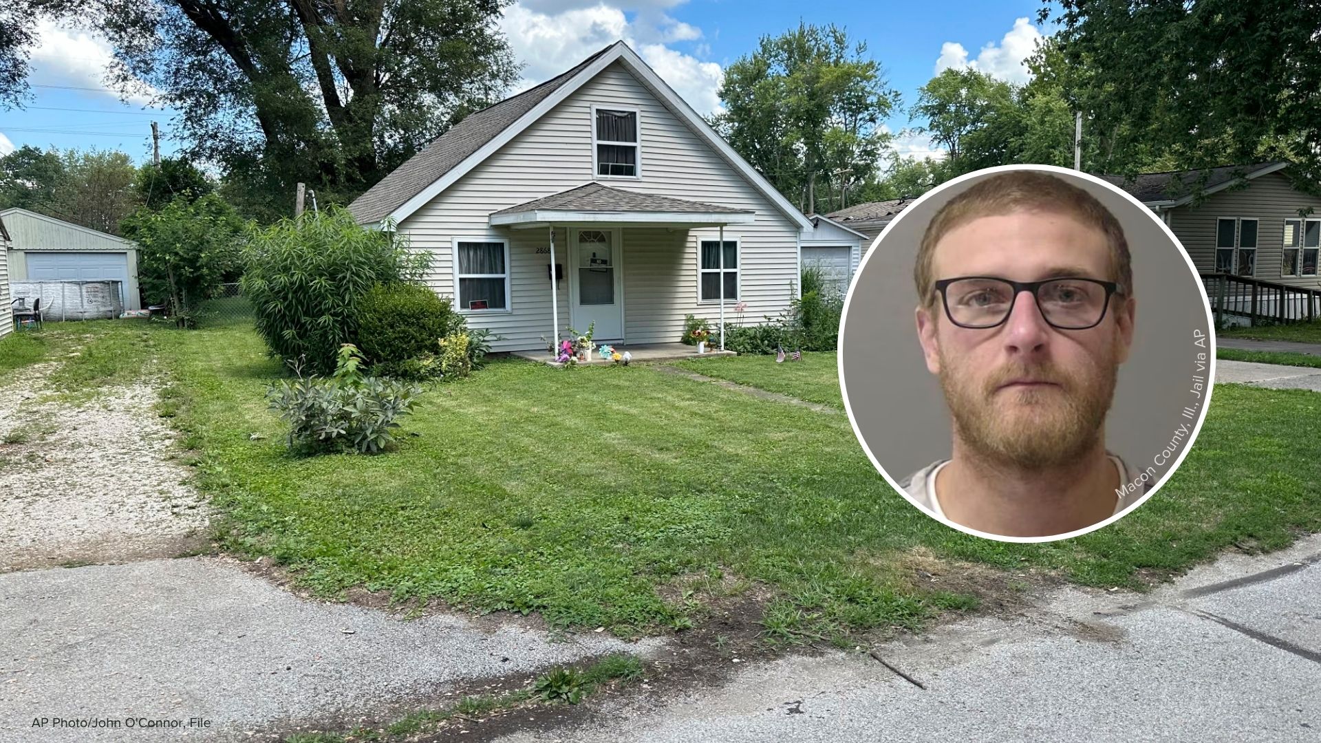 The home of Sonya Massey stands in Springfield, Ill., July 18, 2024. And booking photo provided by the Macon County, Ill., Jail in January 2025, shows Sean Grayson in 2024.