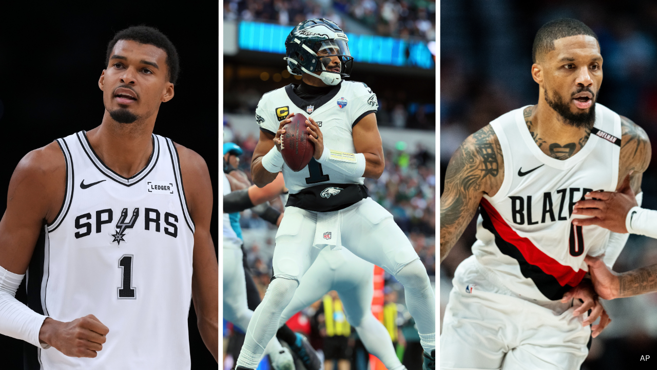 San Antonio Spurs forward Victor Wembanyama (left), Philadelphia Eagles quarterback Jalen Hurts (center), Portland Trail Blazers guard Damian Lillard (right)