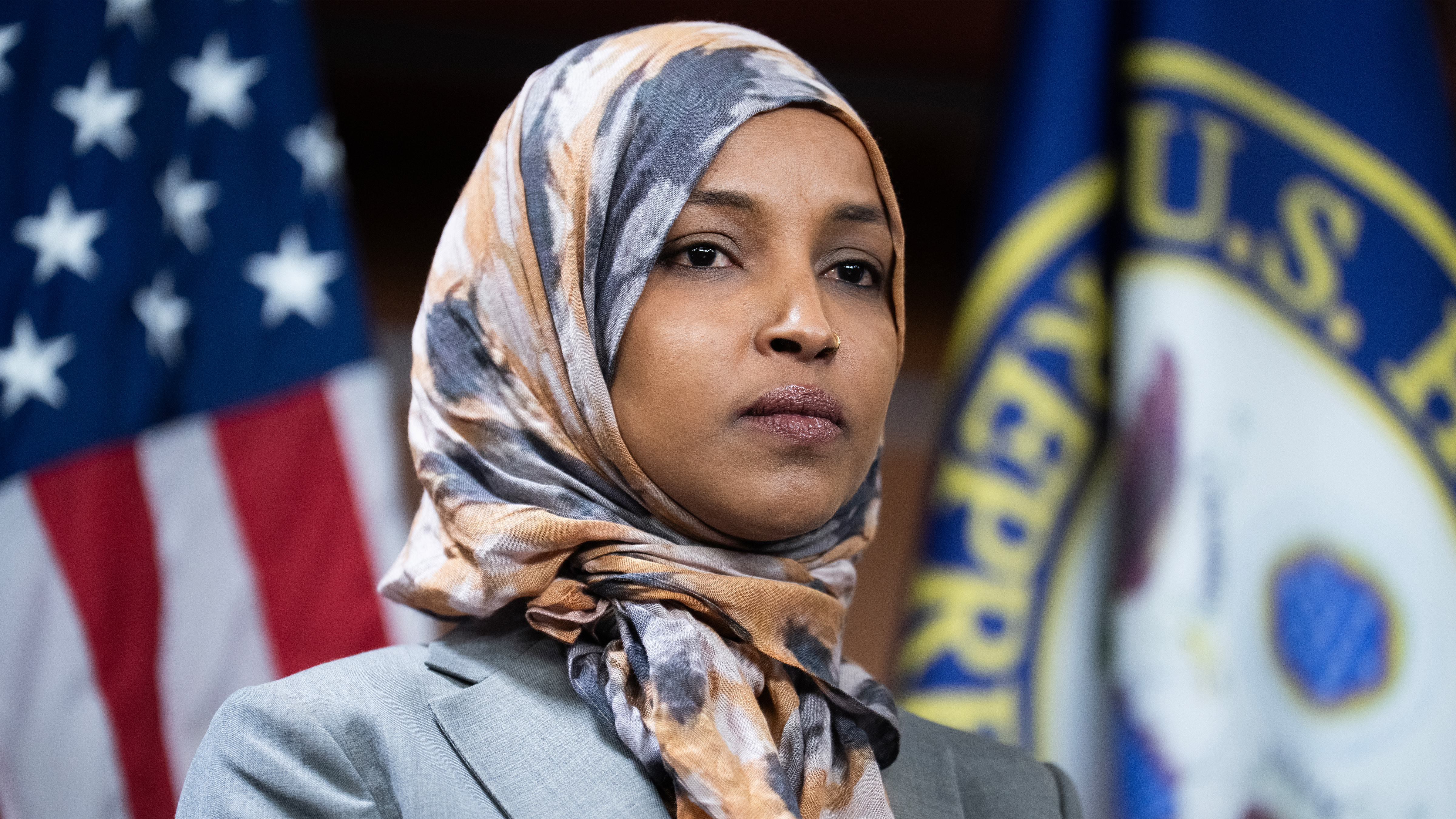 Rep. Ilhan Omar, D-Minn., attends a news conference with members of the Congressional Progressive Caucus on funding and accountability for the Department of Homeland Security in the Capitol Visitor Center on Tuesday, January 13, 2026. 