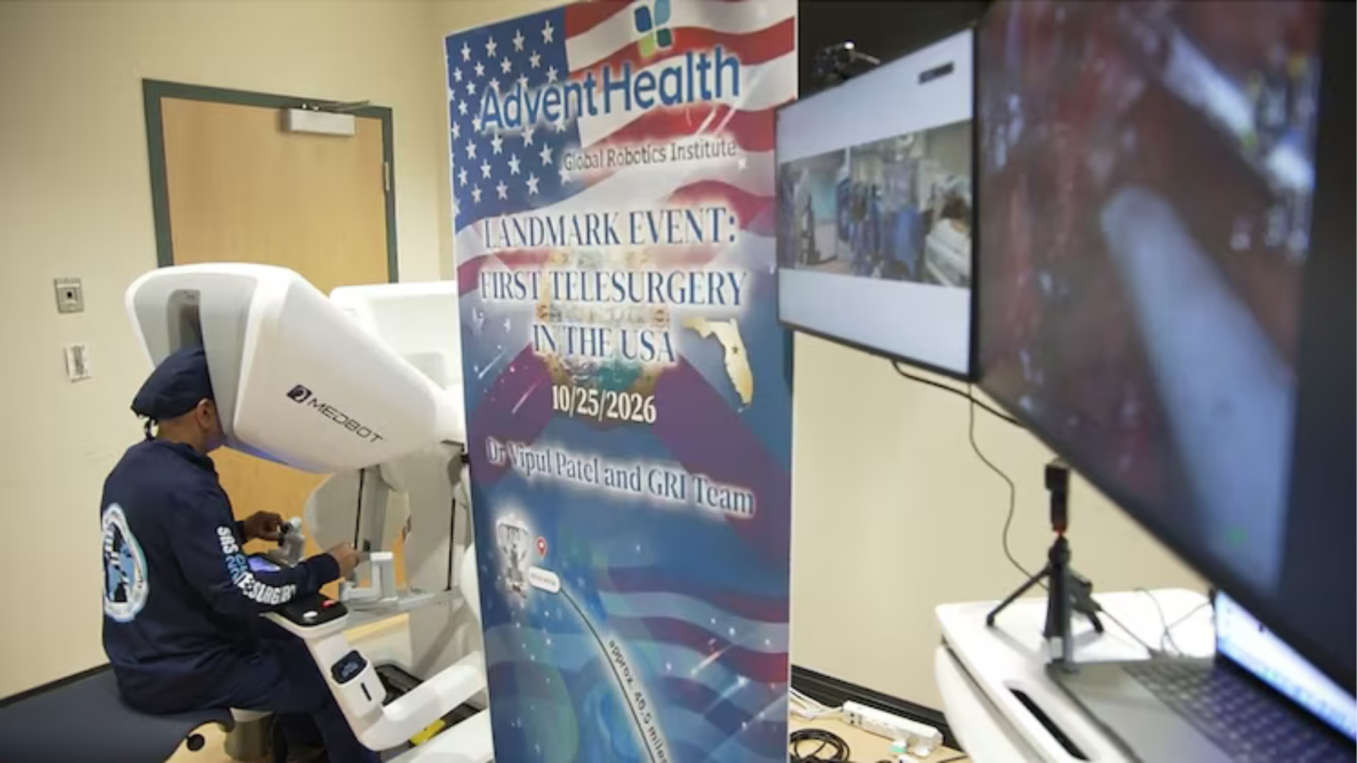 Dr. Vipul Patel, medical director of the Global Robotics Institute at AdventHealth, performs a surgery using a robotic telesurgery system.