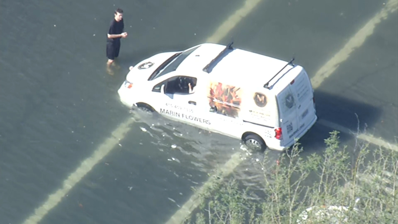 Flower van stuck in Bay Area high tide floodwaters