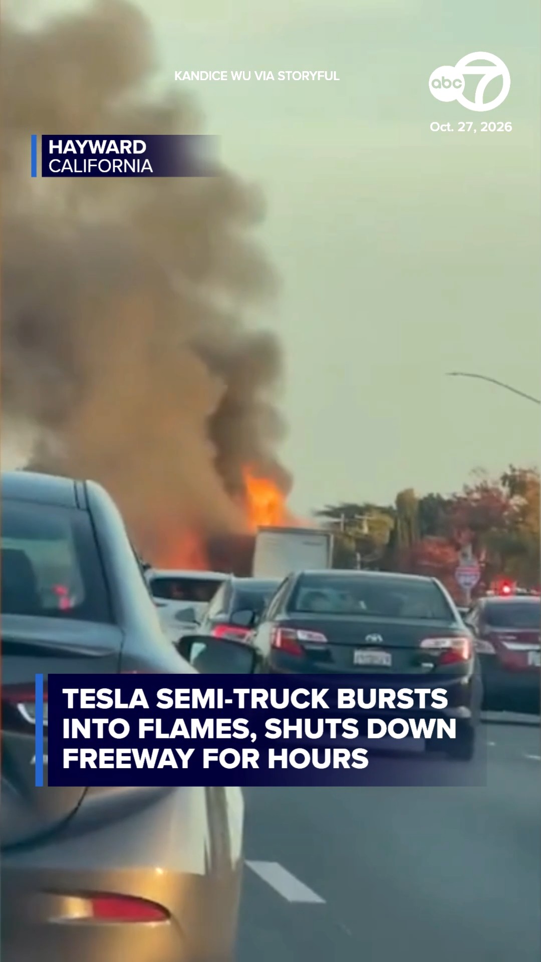 Tesla semi-truck bursts into flames, shuts down freeway for hours