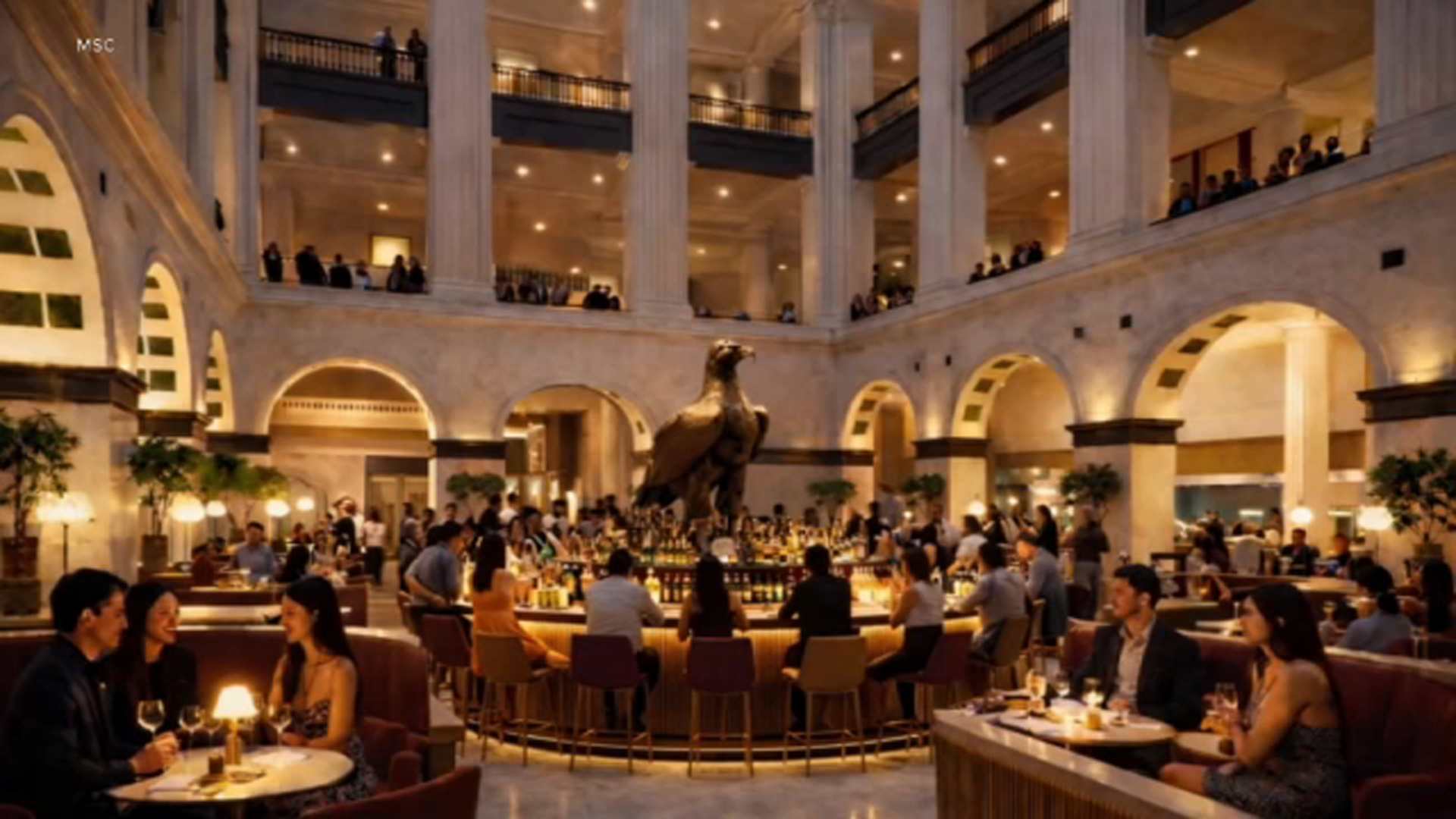Rendering shows a possible bar around the iconic eagle inside the Wanamaker building.
