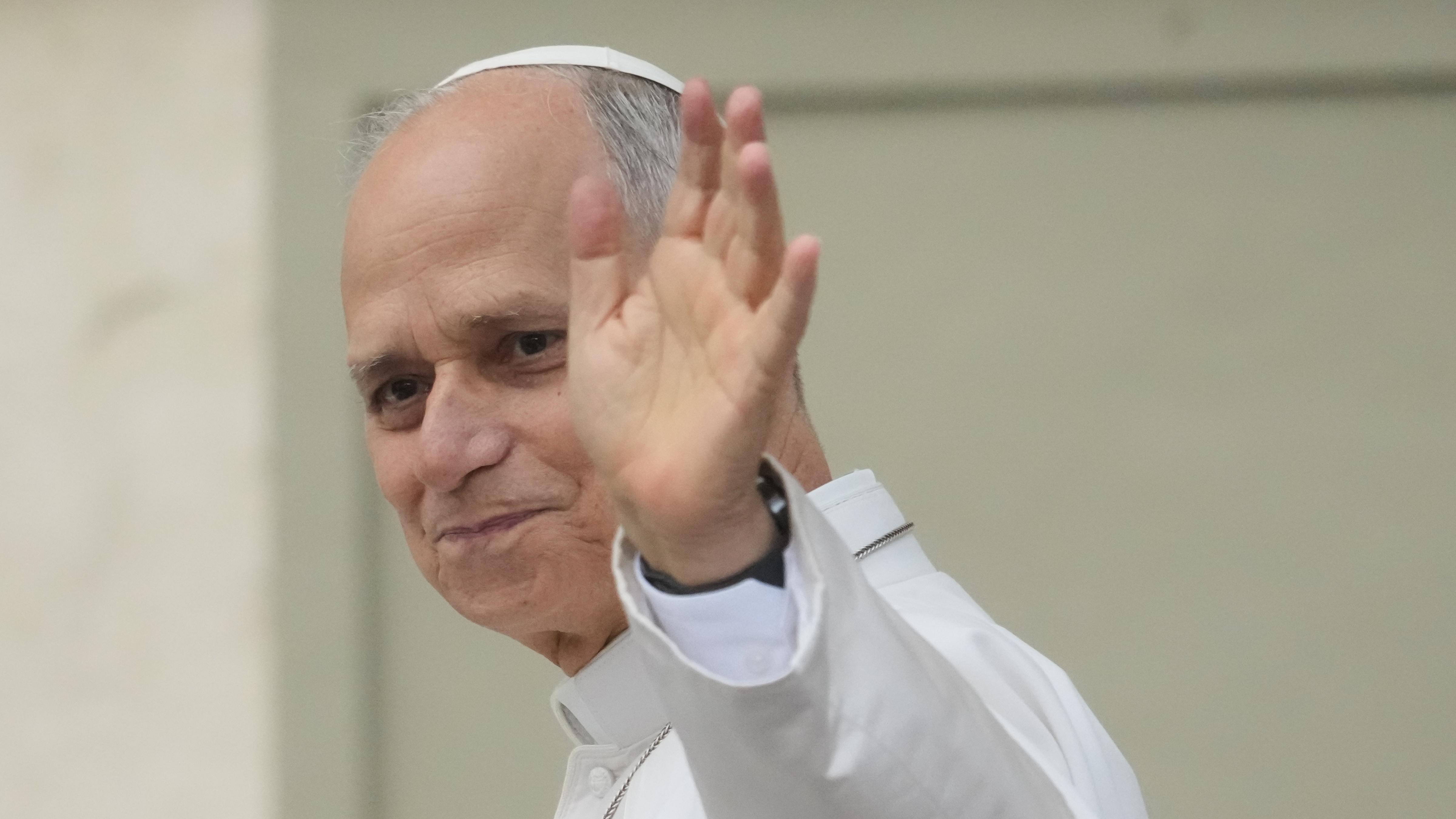 Pope Leo XIV waves as he arrives for his weekly general audience in St. Peter's Square at The Vatican, Wednesday, Oct. 21, 2026.