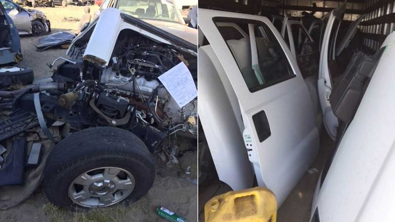 Car parts are seen at a property in El Mirage, where San Bernardino County sheriff's investigators found an apparent chop shop on Thursday, June 1, 2017.