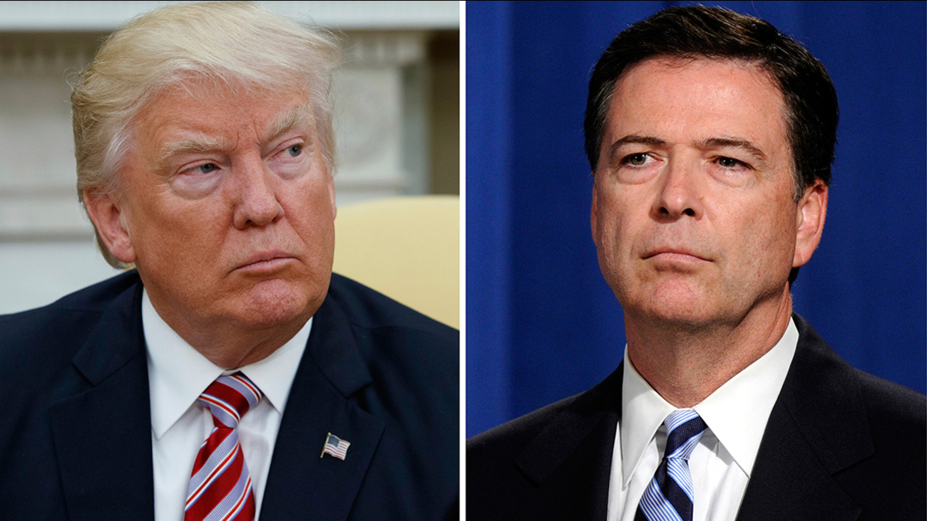 President Trump, left, appears in the Oval Office of the White House on May 10, 2017, and FBI Director James Comey appears at a news conference in Washington on June 30, 2014.