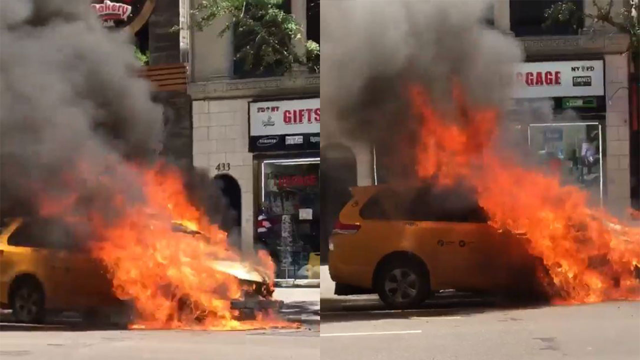 Car bursts into flames sending smoke into the sky in Midtown